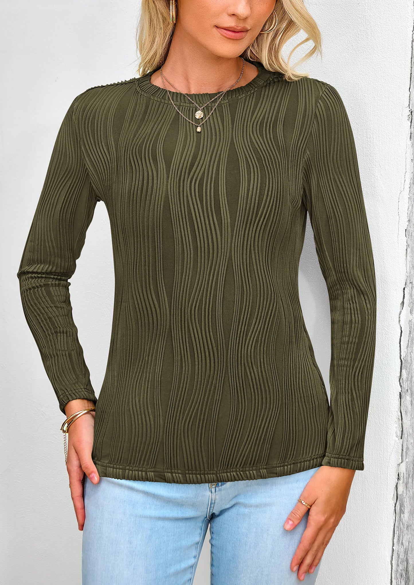 Long Sleeve Tops for Women Spring Fall Trendy Business Dressy Casual Shirts Crewneck Textured Blouse