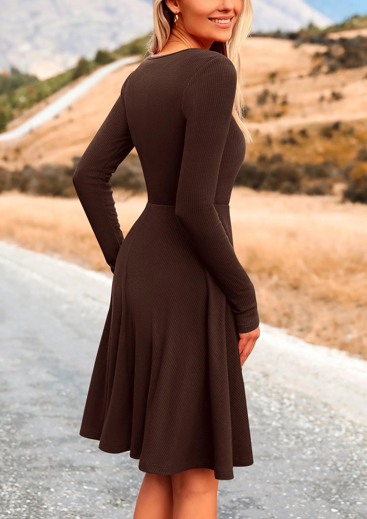 Women's Spring Fall Short Dress Ribbed Knit Crewneck Long Sleeve A Line Flowy Casual Elegant Going Out Dresses