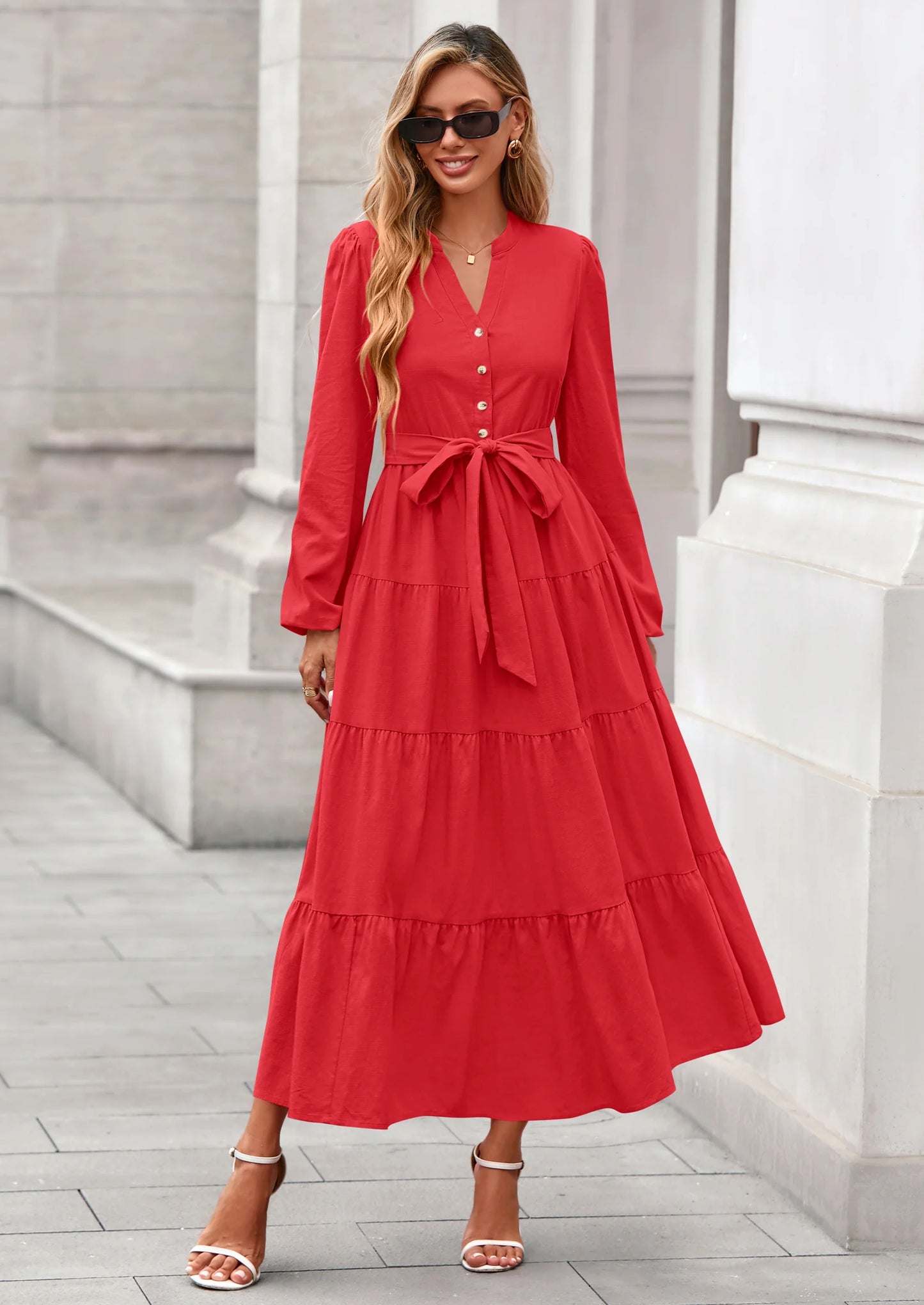 Fall Dresses for Women Long Sleeve V Neck Belted Ruffle A Line Flowy Boho Maxi Wedding Guest Dress Pockets