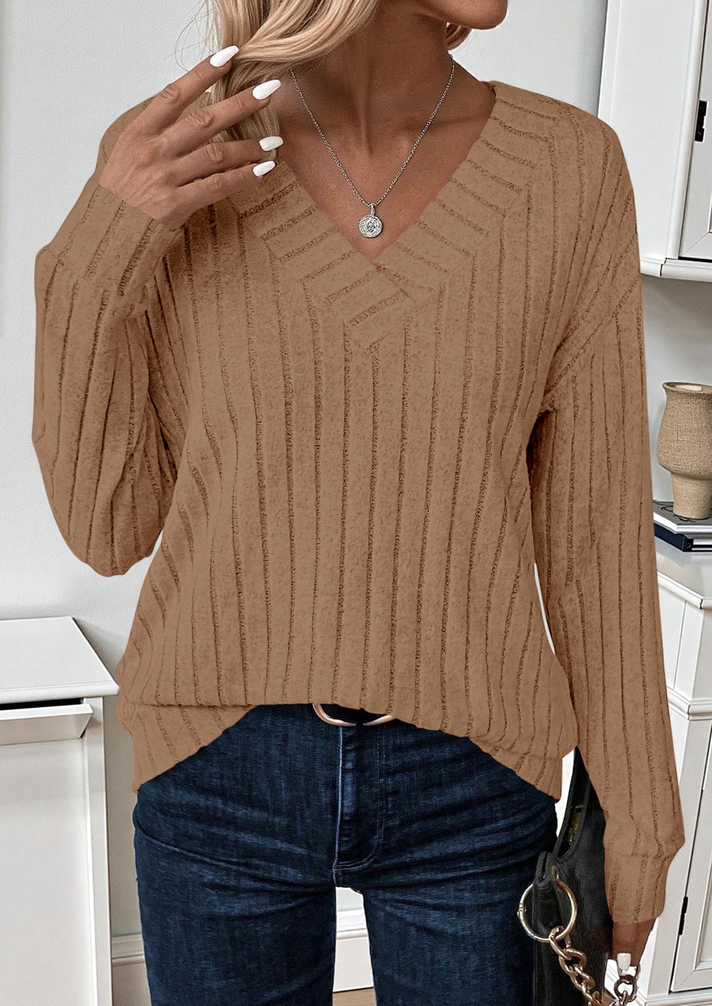 Fall Fashion Long Sleeve Shirts for Women Ribbed Knit V Neck Dressy Casual Lightweight Sweaters Tunic Tops