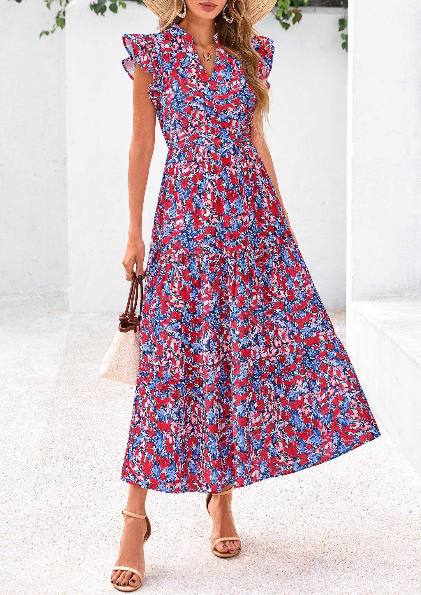 Women's Summer Floral Midi Dress Cap Sleeve V Neck Ruffle Long Flowy Boho Casual Beach Vacation Dresses