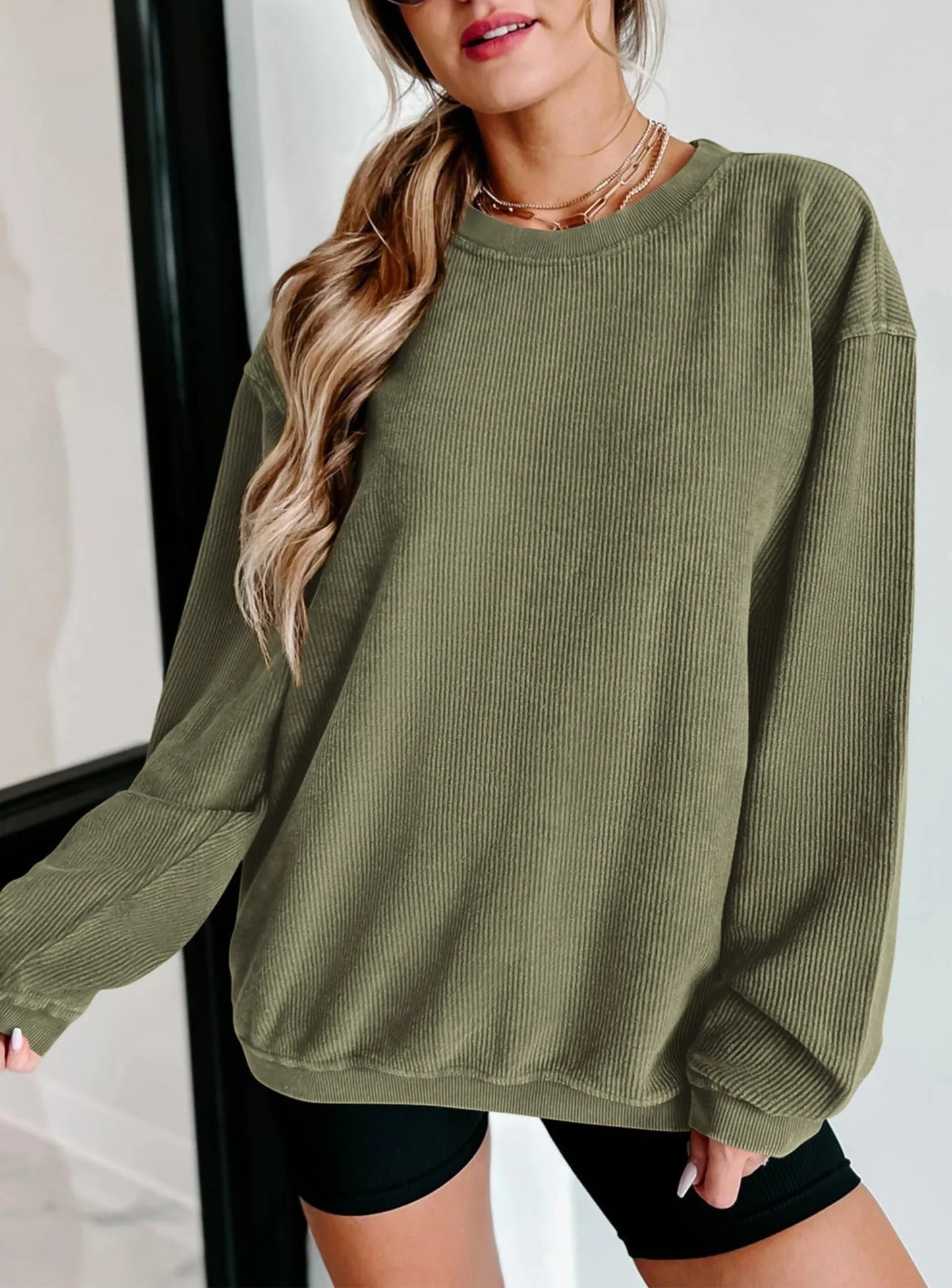Women's Oversized Sweatshirt 2025 Fall Fashion Clothes Ribbed Corduroy Long Sleeve Going Out Pullover Tops