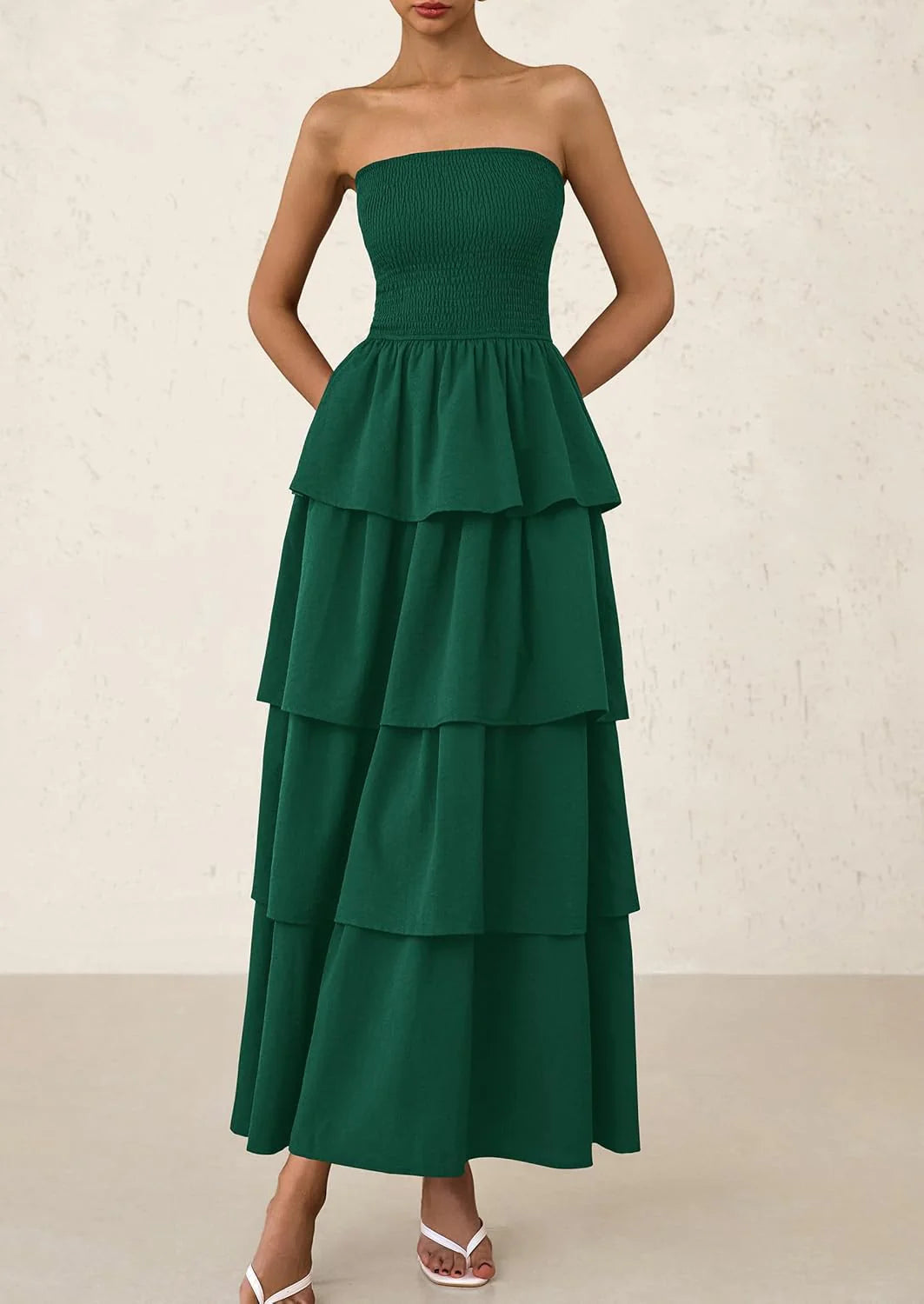 Maxi Dresses for Women Off Shoulder Smocked Tiered Ruffle Long Flowy Wedding Guest Dress