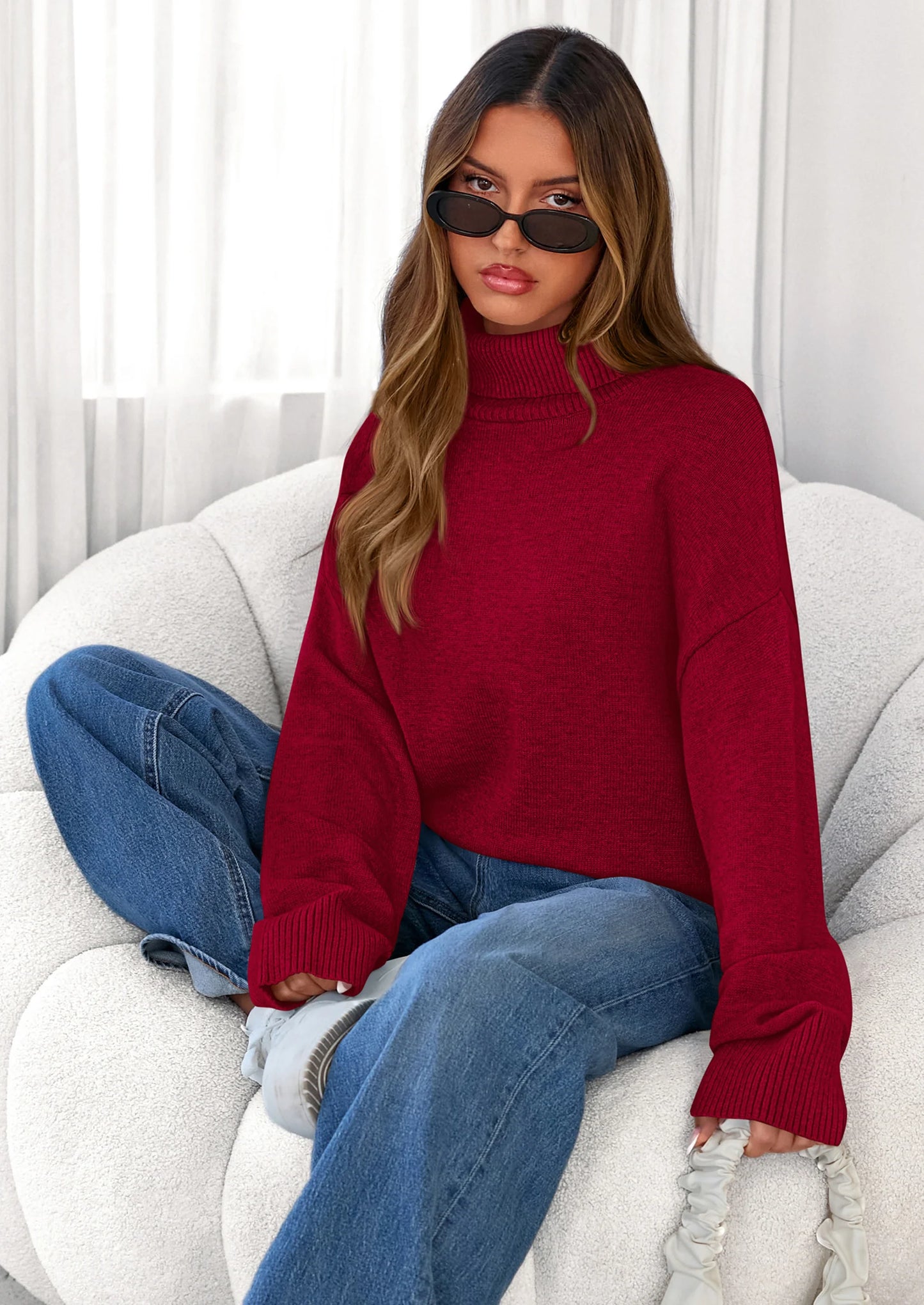 Womens Turtleneck Long Sleeve Sweater Fall Trendy Loose Fit Casual Tops Chunky Knit Pullover Sweaters