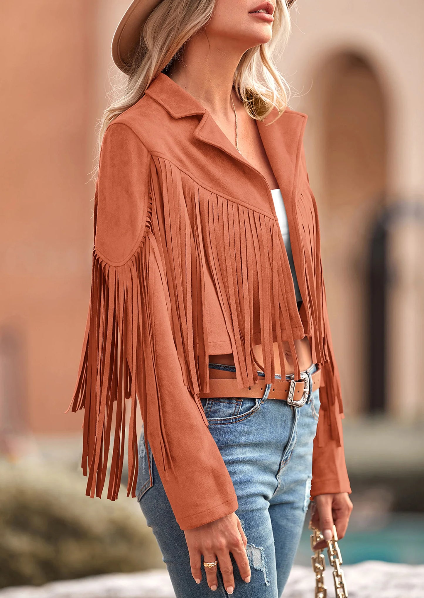 Women's Fringe Faux Suede Leather Jackets Fashion Tassel Motorcycle Cropped Coats