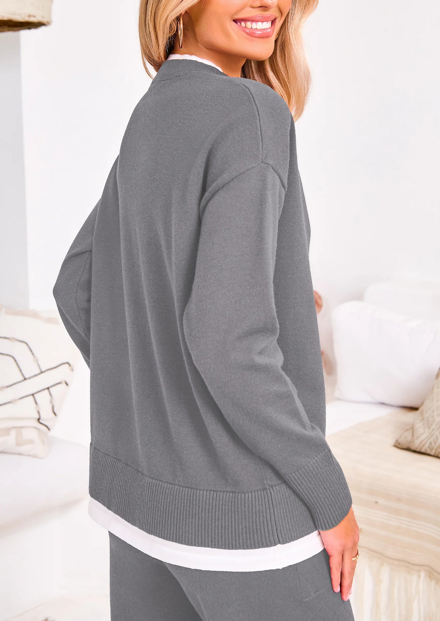 Two Piece Matching Sweater Lounge Sets Knit Long Sleeve Pullover Tops Wide Leg Pants