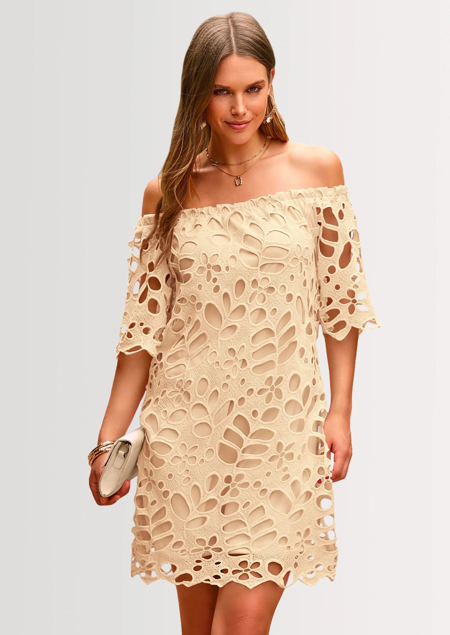 Women's Summer Off Shoulder Dresses Floral Lace Flare Short Sleeve Spring Vintage Elegant Mini Dress