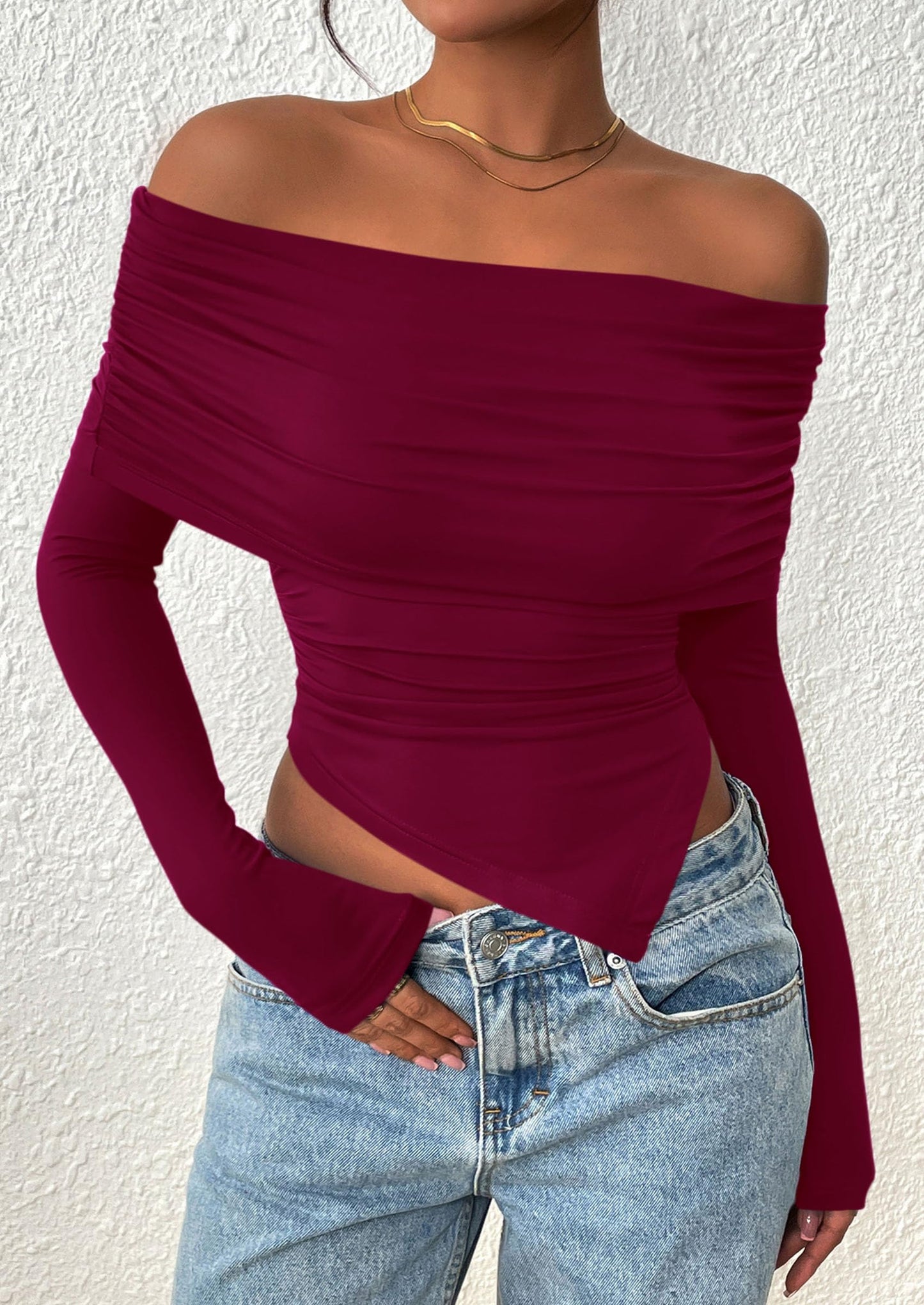 Women's Long Sleeve Shirts Off Shoulder Tops Going Out Slim Fitted Y2K Blouses Fall Fashion Clothes