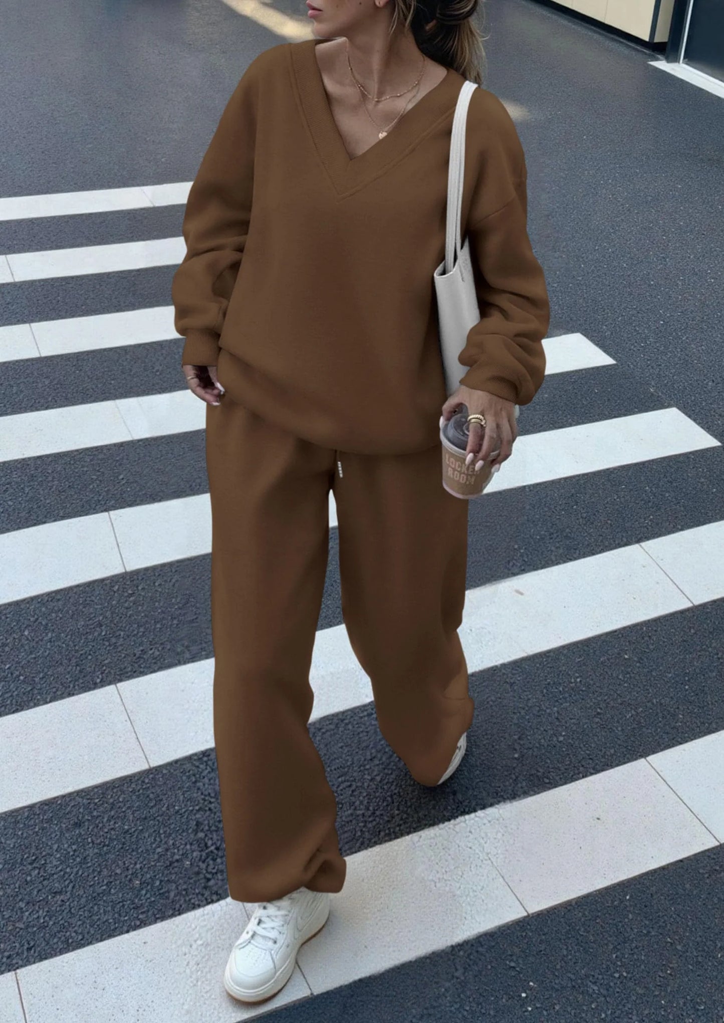 Casual Winter Two Piece Sets for Women V Neck Sweatshirt Loose Wide Leg Pants Tracksuit Knit Fall Outfits