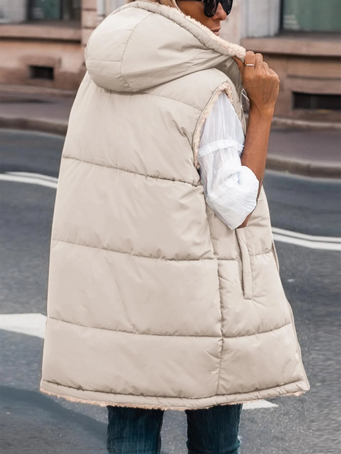 Womens Fall Reversible Vests Sleeveless Fleece Jacket Zip Up Hoodie Pockets Long Warm Winter Coat Outerwear