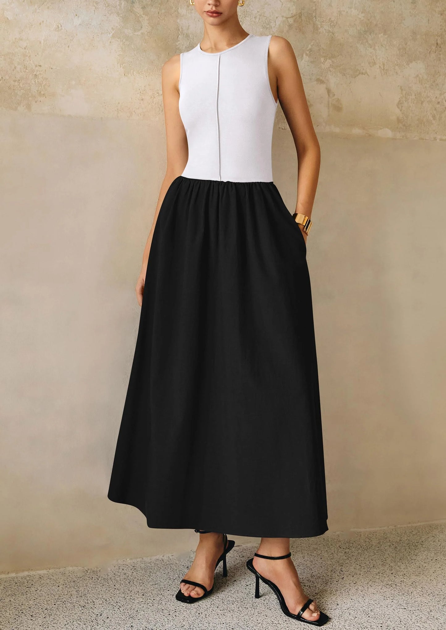 Women Maxi Dresses Casual Sleeveless Patchwork Knit Tank Dress Flowy Beach Sundress Long Dress