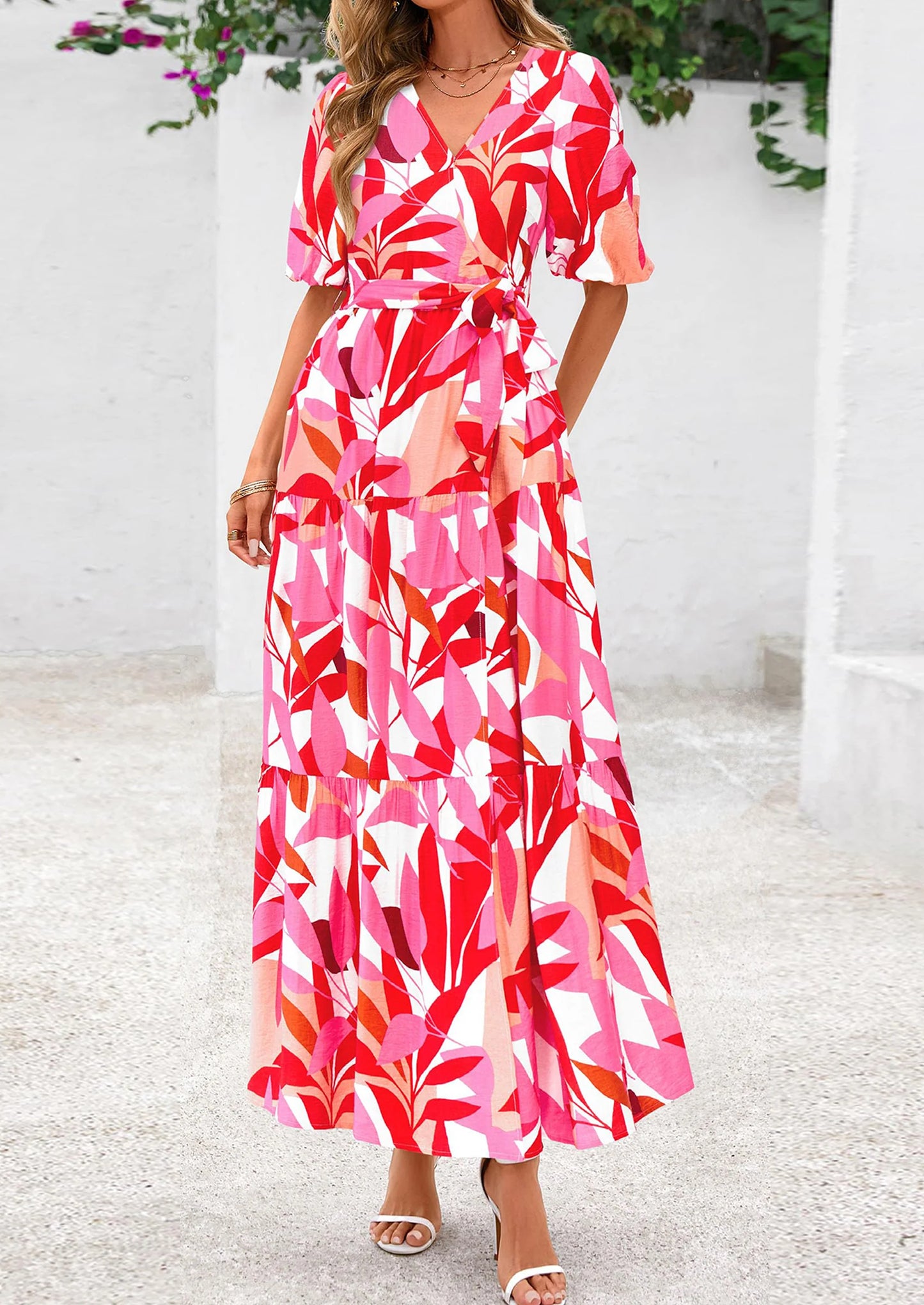 Women's Maxi Dress Resort Wear Boho Floral V Neck Puff Short Sleeve Ruffle Flowy Beach Long Dresses