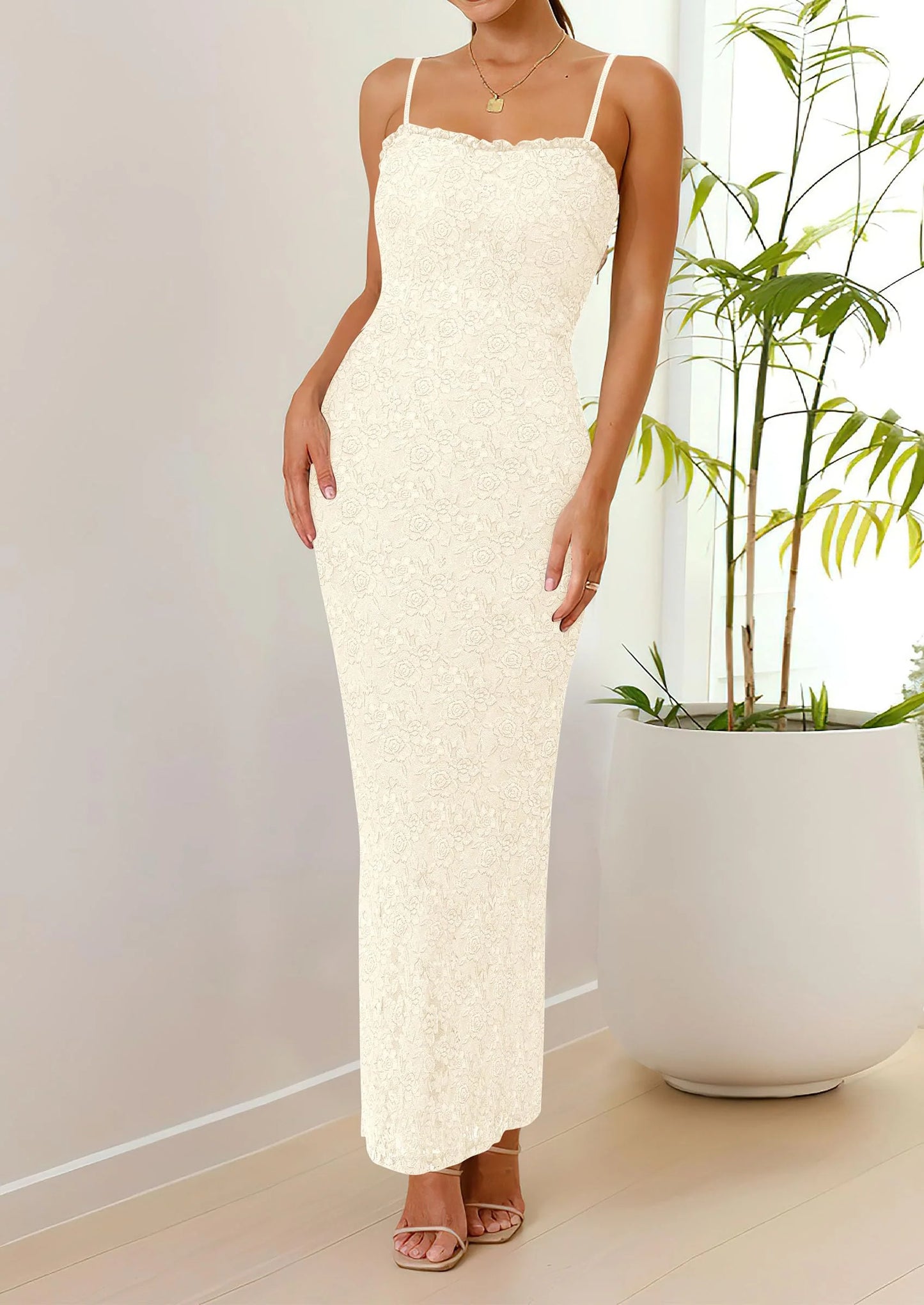 Women's Formal Prom Dress Spaghetti Strap Lace Floral Wedding Guest Evening Bodycon Dresses