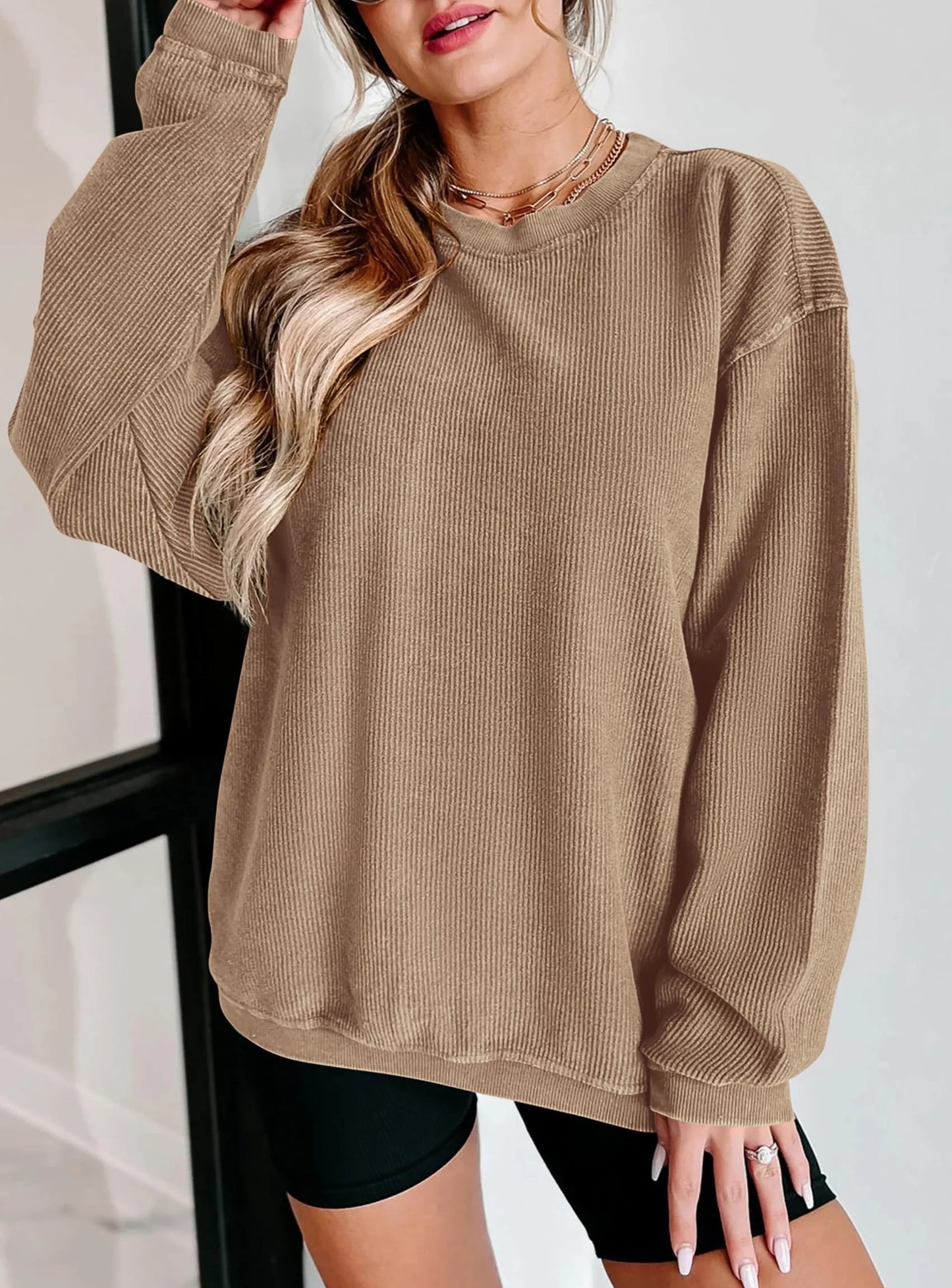 Women's Oversized Sweatshirt 2025 Fall Fashion Clothes Ribbed Corduroy Long Sleeve Going Out Pullover Tops