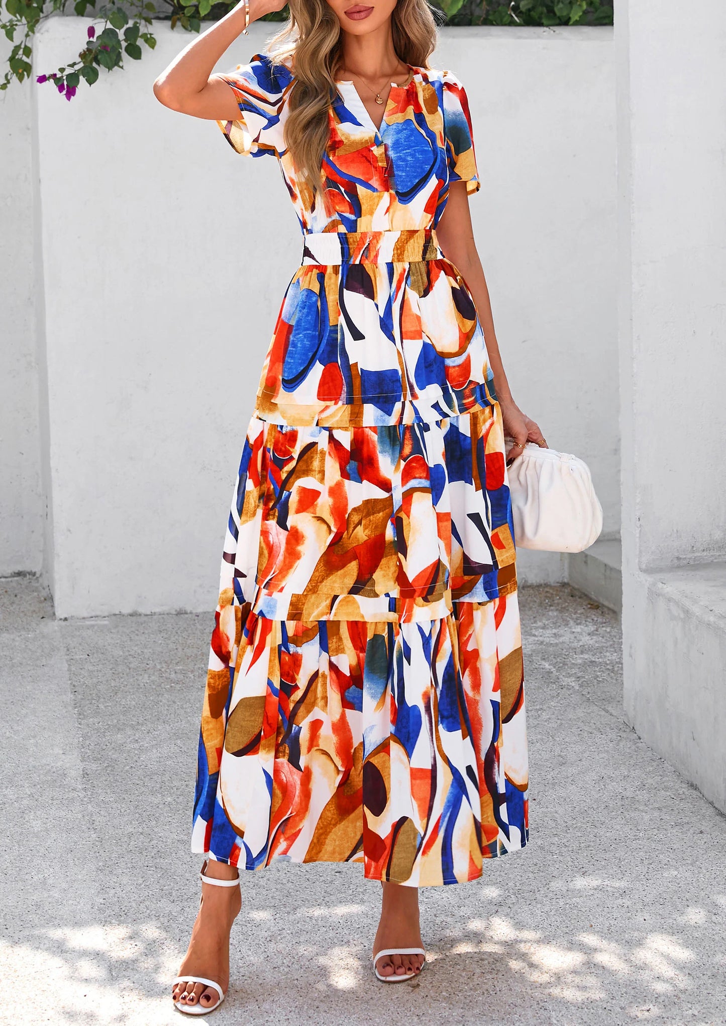 Women's Boho Maxi Dresses Floral Short Sleeve V Neck A Line Tiered Flowy Long Beach Vacation Dress
