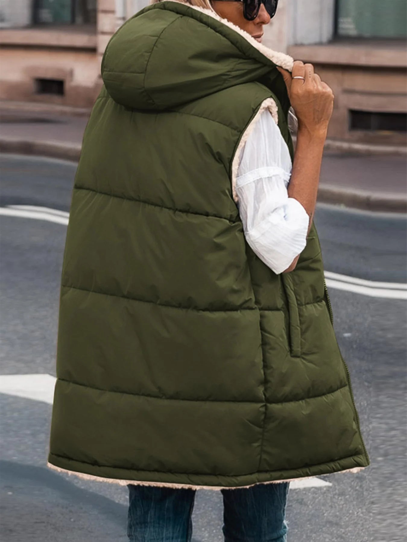Womens Fall Reversible Vests Sleeveless Fleece Jacket Zip Up Hoodie Pockets Long Warm Winter Coat Outerwear