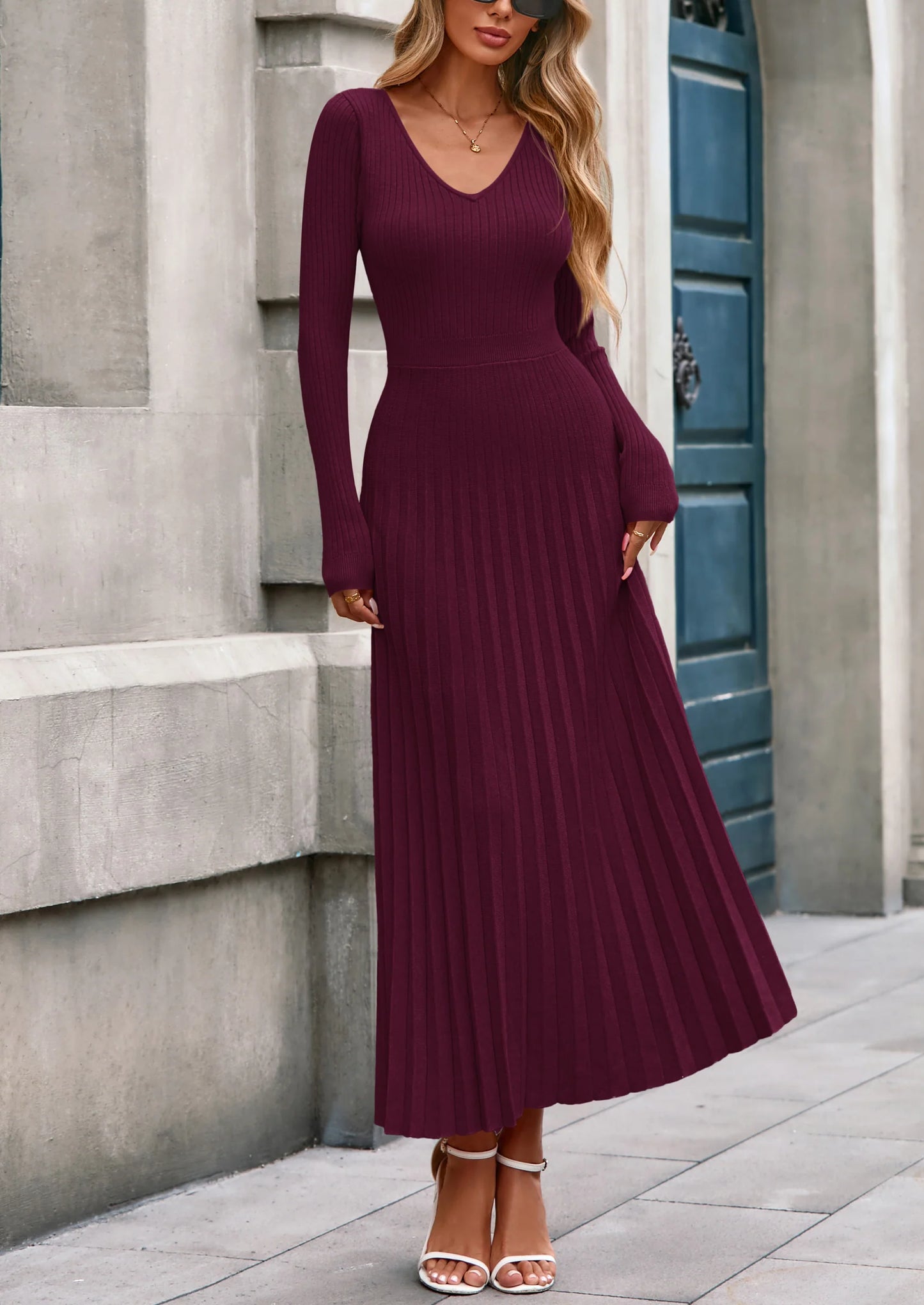 Women Sweater Dress Fall Fashion Long Sleeve V Neck Ribbed Knit Pleated A Line Elegant Maxi Winter Dresses