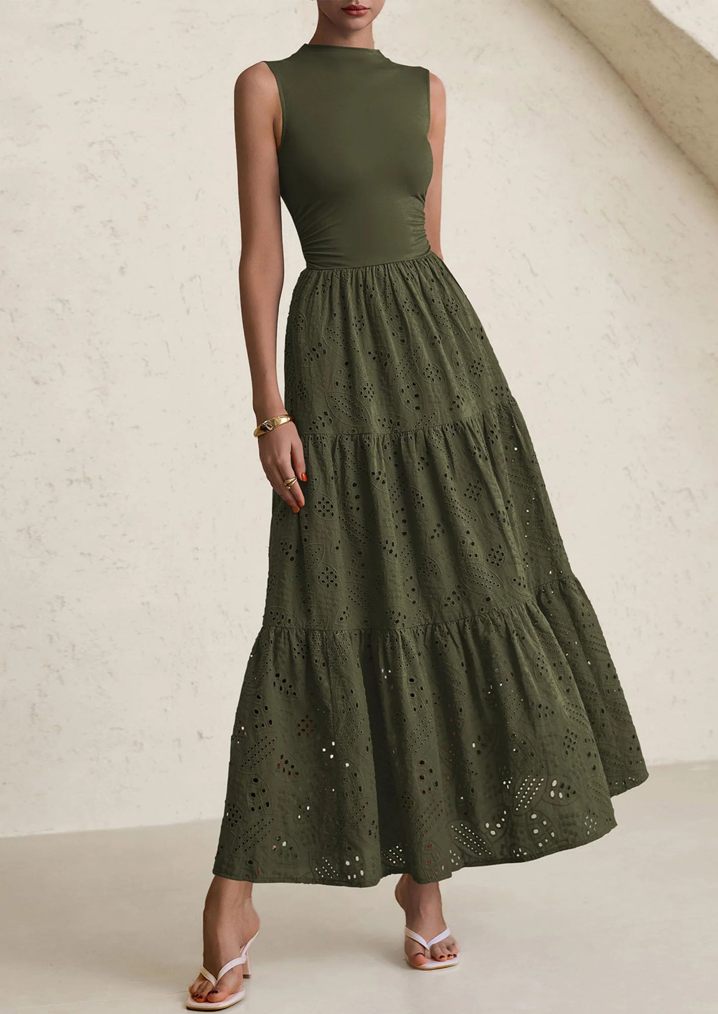 Dresses for Women Casual Eyelet Sleeveless Wedding Guest Maxi Dress Tank Top Sundress with Pockets