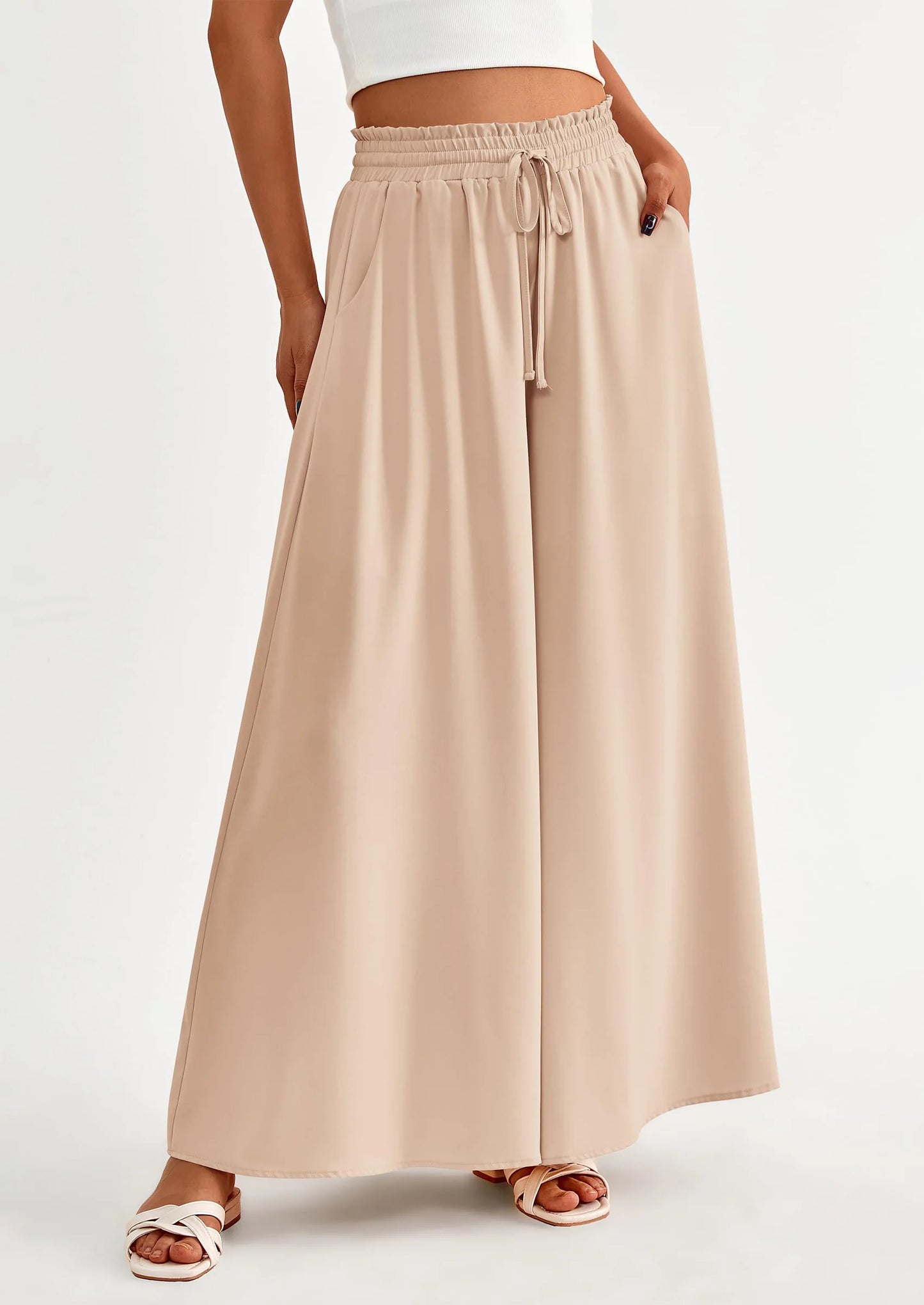Women's Summer Wide Leg Palazzo Pants High Waisted Flowy Pockets Trendy Casual Lounge Boho Beach Trousers