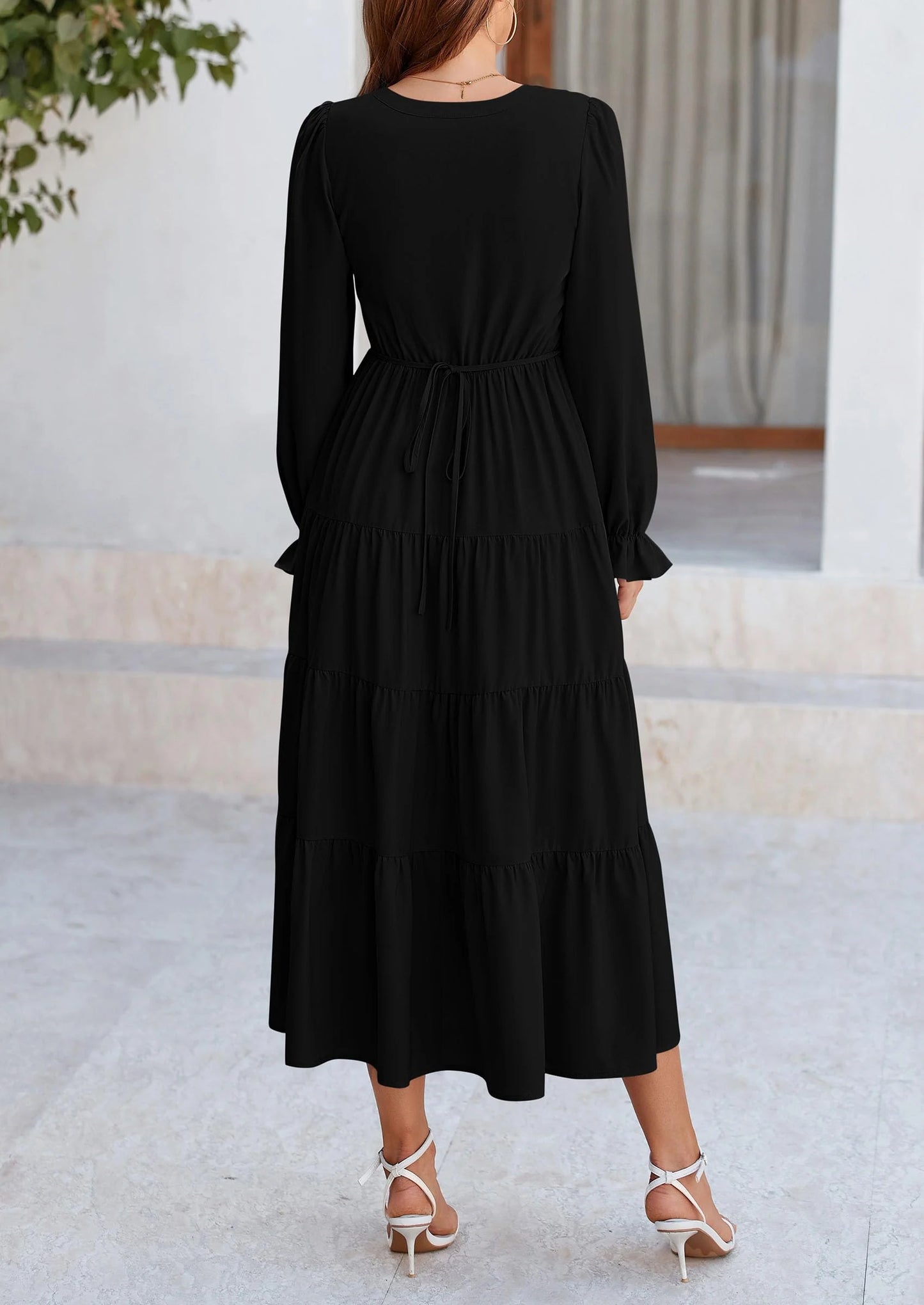 Women Fall Long Sleeve Smocked Maxi Dress Casual Square Neck Swiss Dot Tiered Ruffle Flowy Spring Pocket Dresses