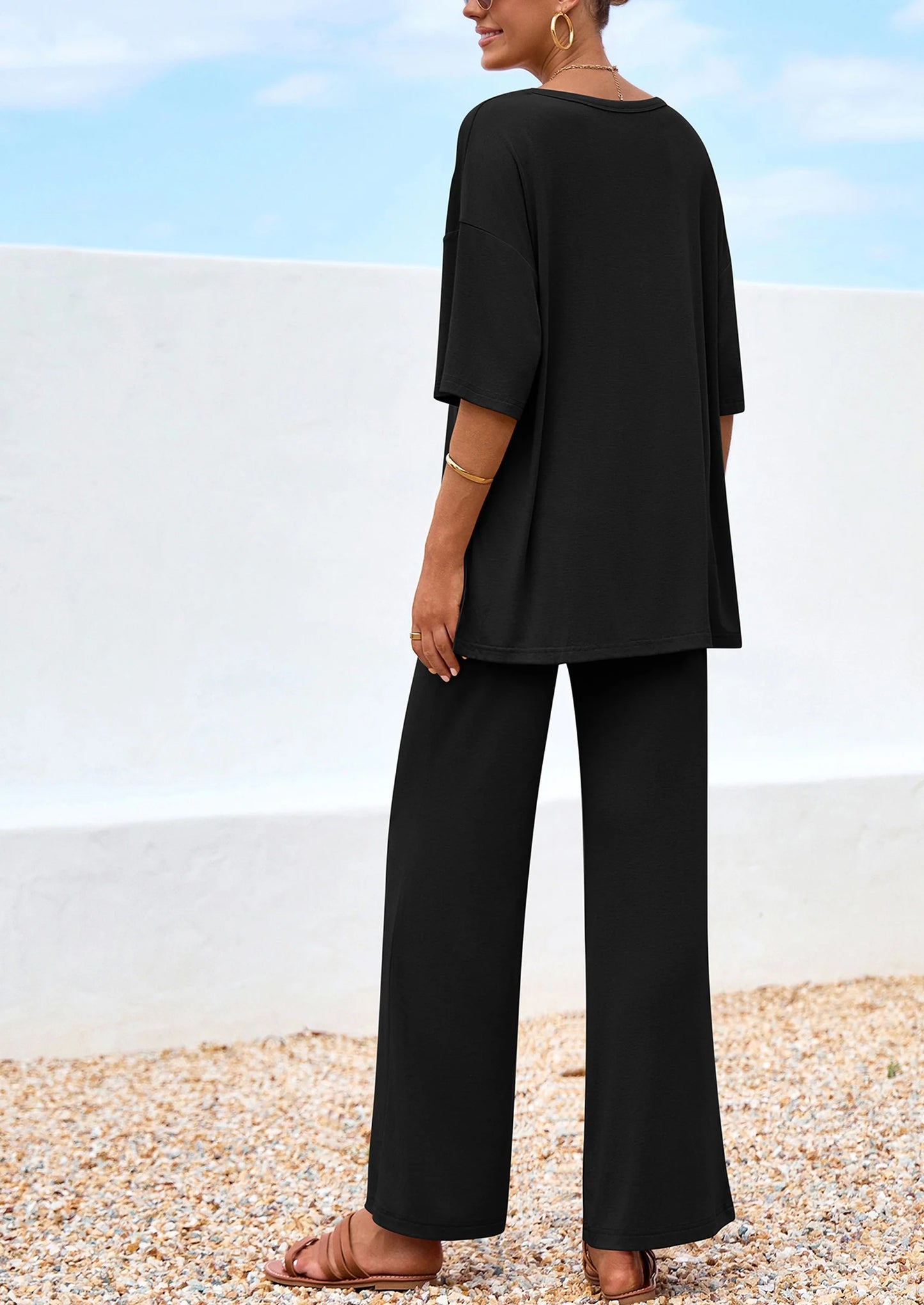 Women's 2 Piece Outfits Summer Casual V Neck Short Sleeve Tops Wide Leg Pants Matching Lounge Sets