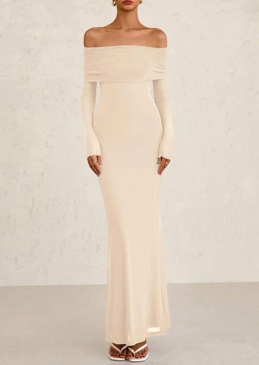 Off The Shoulder Dresses for Women Mesh Long Sleeve Baby Shower Formal Wedding Guest Dress