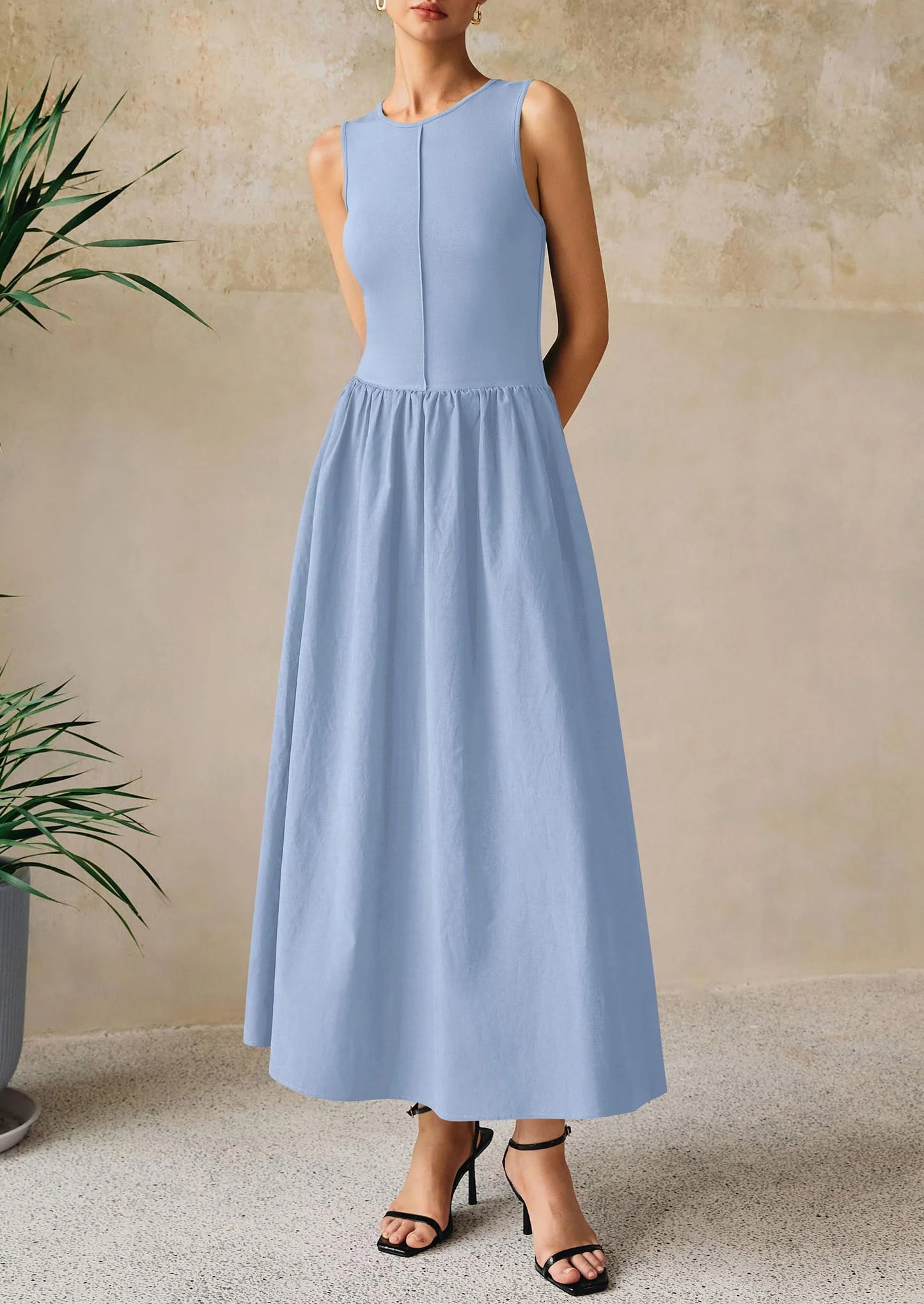 Women Maxi Dresses Casual Sleeveless Patchwork Knit Tank Dress Flowy Beach Sundress Long Dress