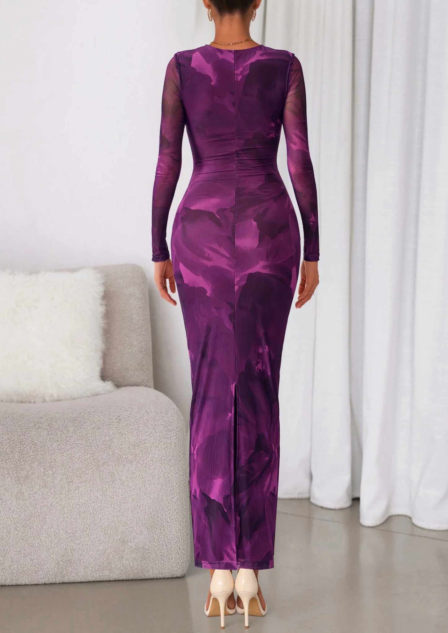 Women's Fall Wedding Guest Dresses Long Sleeve Fitted Ruched Slit Bodycon Mesh Floral Party Maxi Dress
