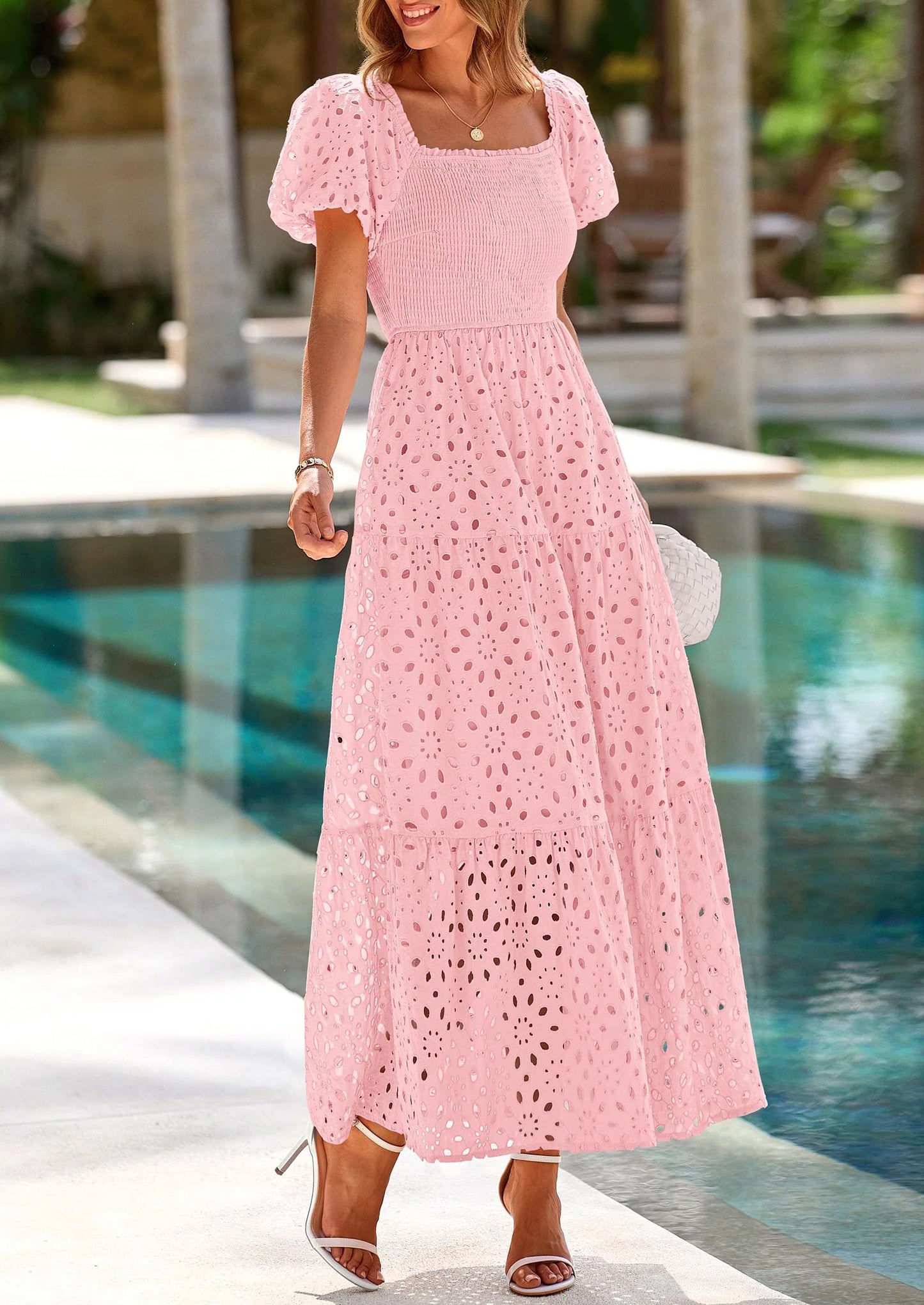 Dresses for Women Eyelet Square Neck Puff Sleeve Smocked Wedding Guest Maxi Dress with Pockets