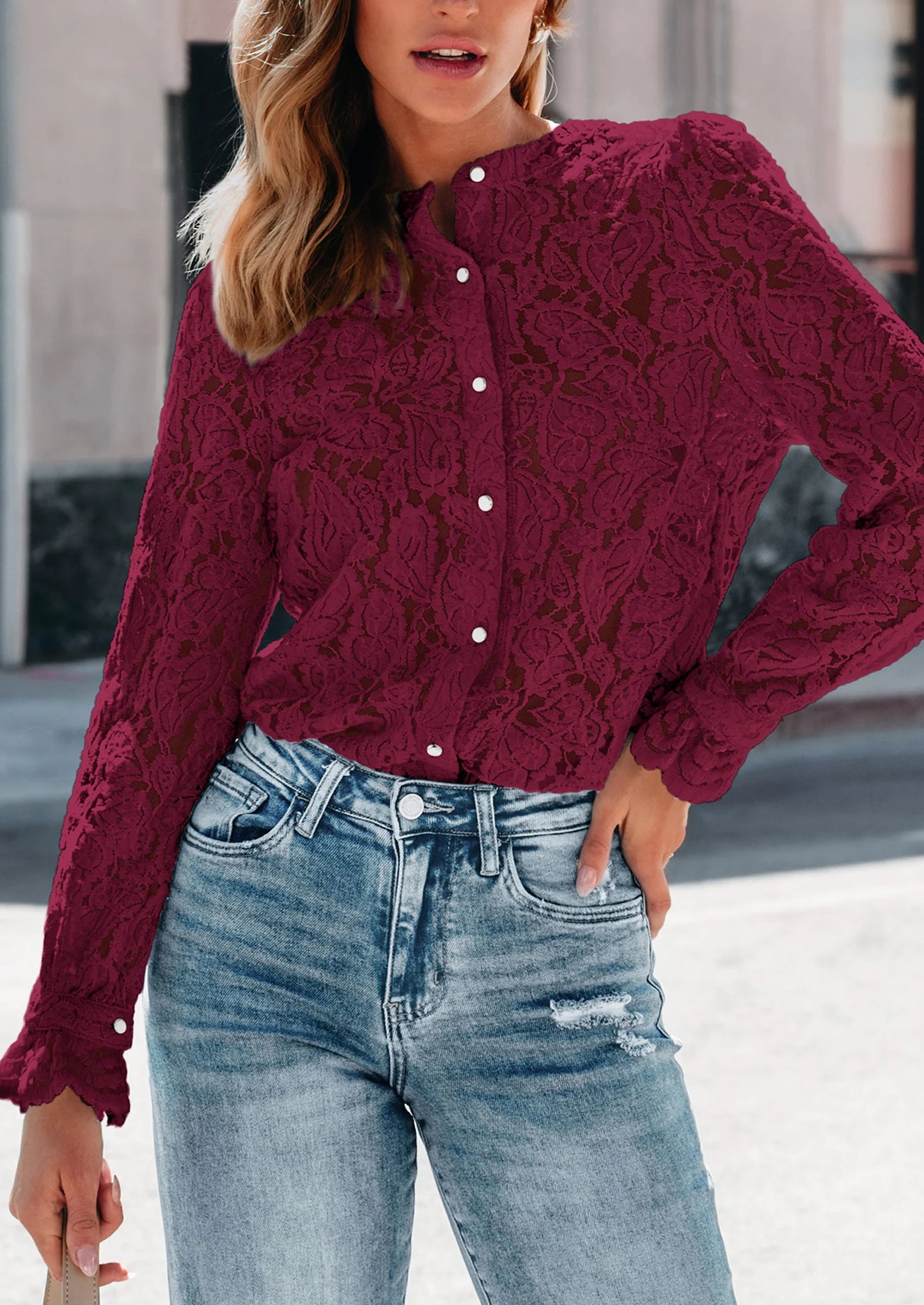Women's Dressy Casual Lace Blouse Long Sleeve Button Up Shirts Tops Spring Fall Fashion Clothes