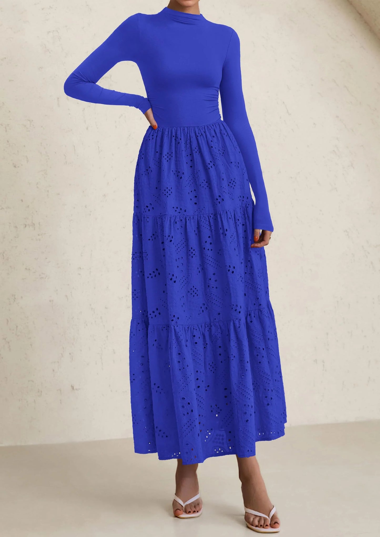 Long Sleeve Dress for Women Fall Eyelet Mock Neck A Line Elegant Classy Maxi Wedding Guest Dresses Pockets