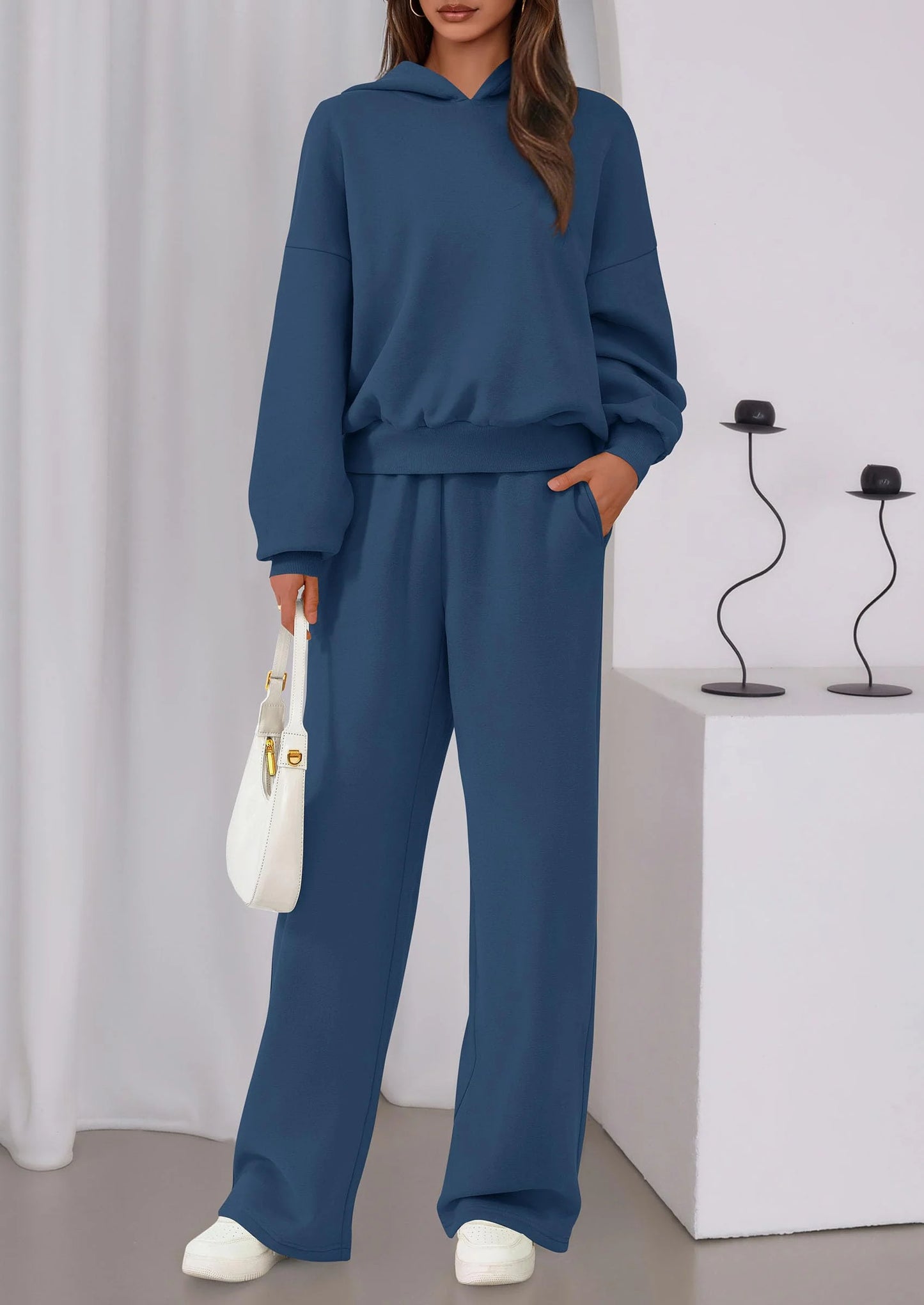 Womens Sweatsuits 2 Piece Set Casual Winter Long Sleeve Hoodie Loose Wide Leg Sweatpants Fall Tracksuit