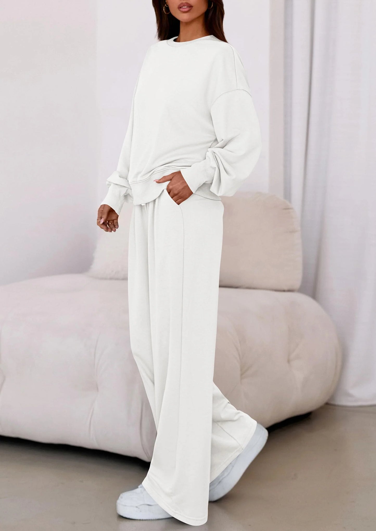 Womens 2 Piece Sets Long Sleeve Sweatshirt Wide Leg Pants Loose Matching Lounge Set Trendy Fall Outfits