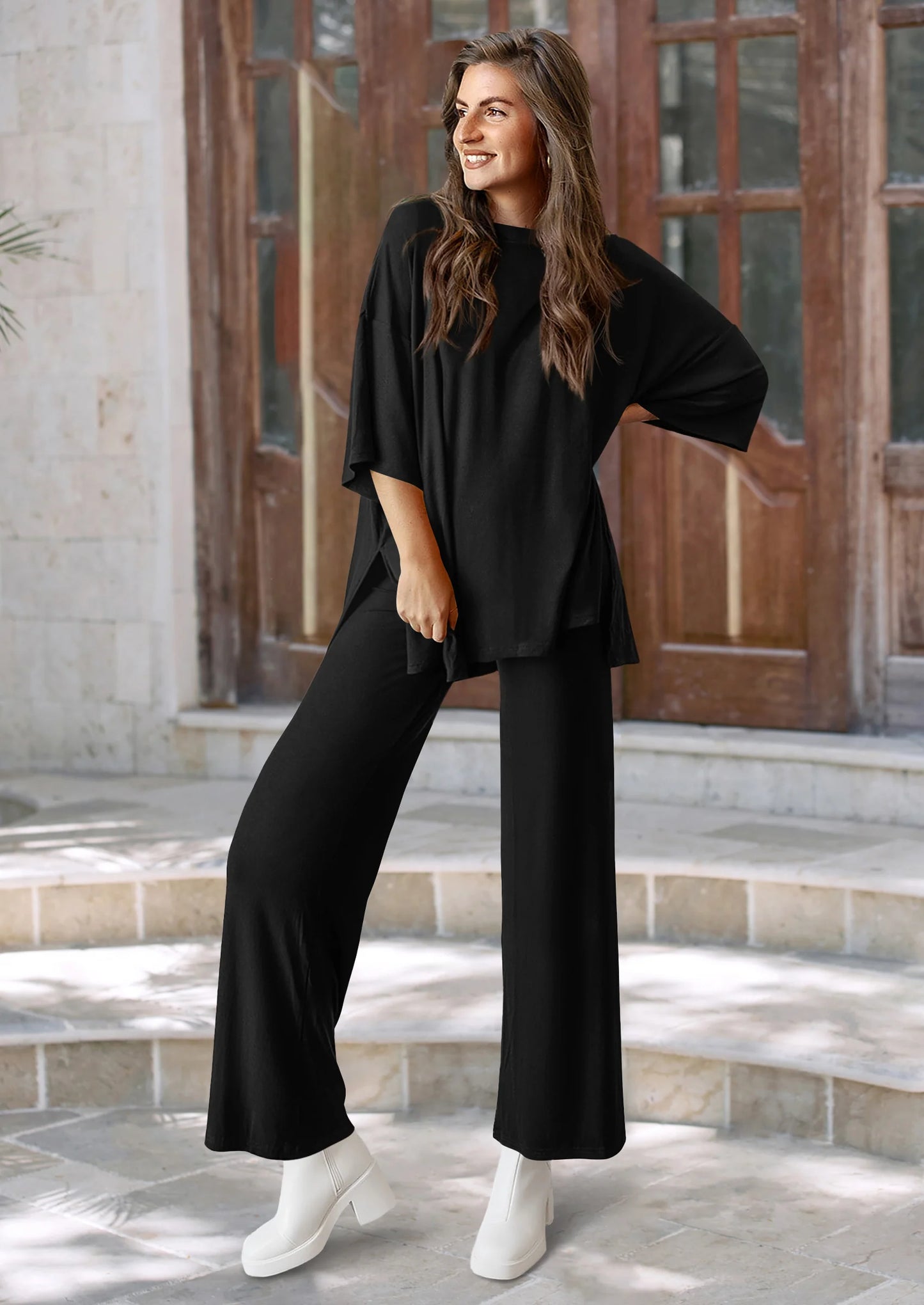 Women's 2 Piece Outfits Casual Short Sleeve Pullover Tops and Wide Leg Pants Lounge Sets Tracksuits