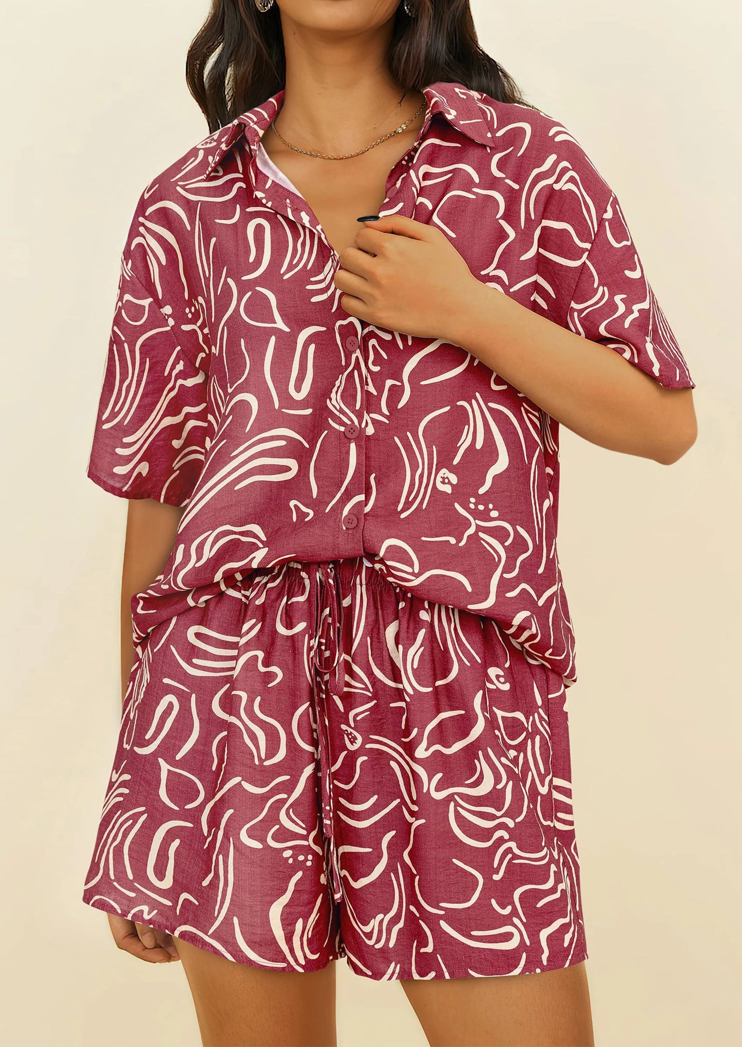 Women Summer 2 Piece Sets Printed Short Sleeve Tops Lounge Shorts Beach Vacation Outfits