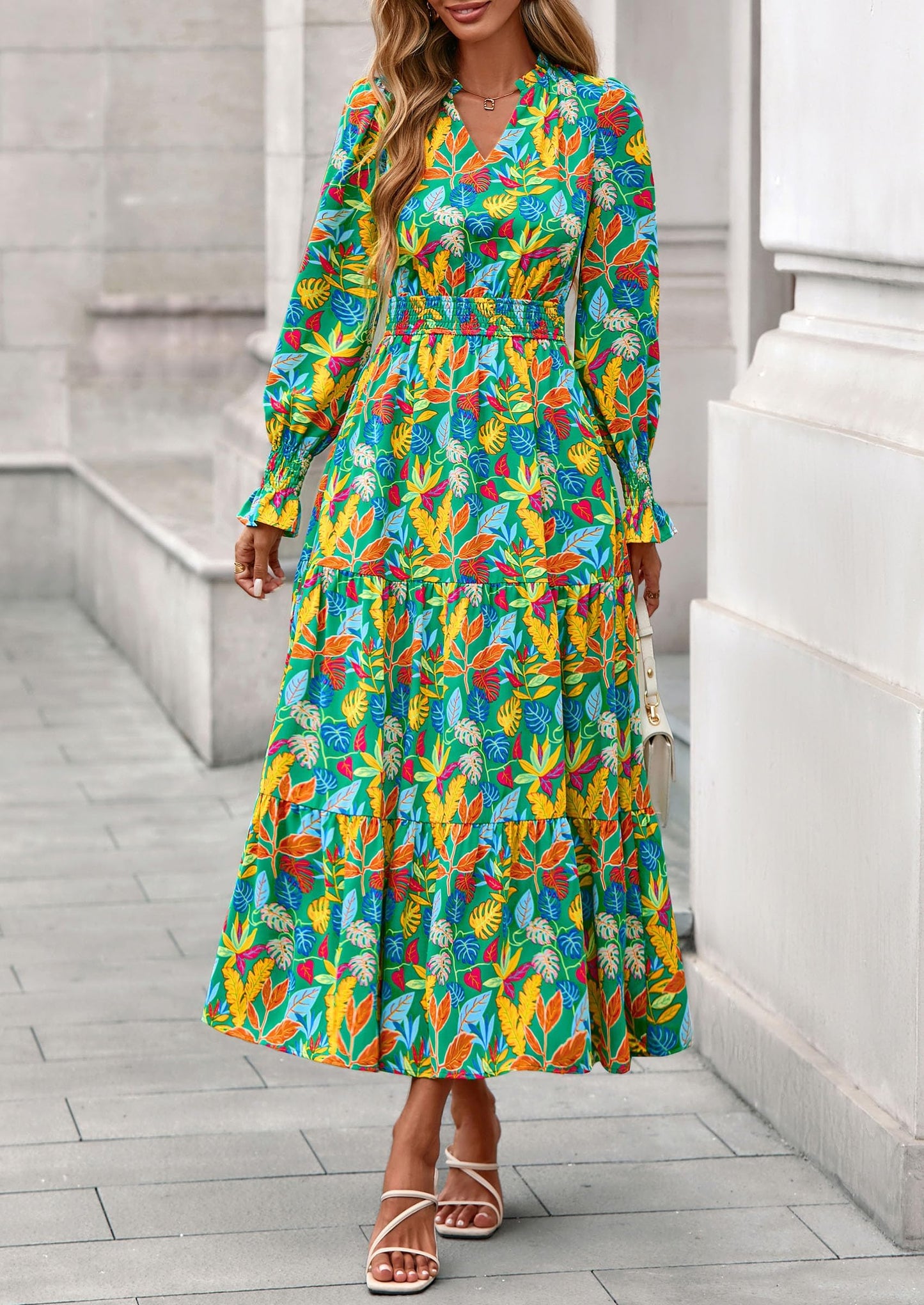 Women's Floral Maxi Dress Spring Long Sleeve V Neck Casual A Line Long Flowy Boho Party Dresses