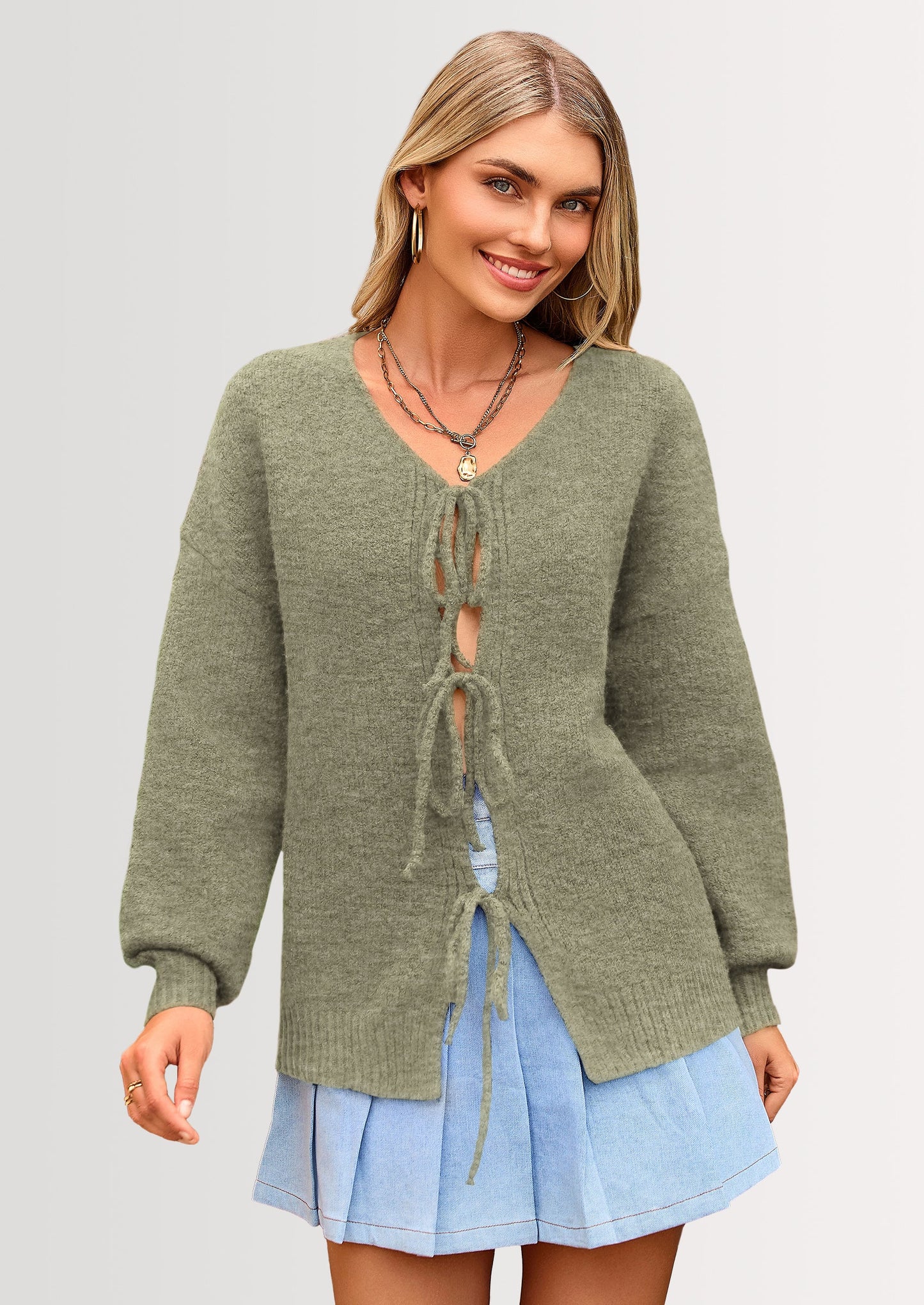 Women's Tie Front Bow Cardigan Sweaters Chunky Knit Long Puff Sleeve Trendy Fall Winter Jacket Coats