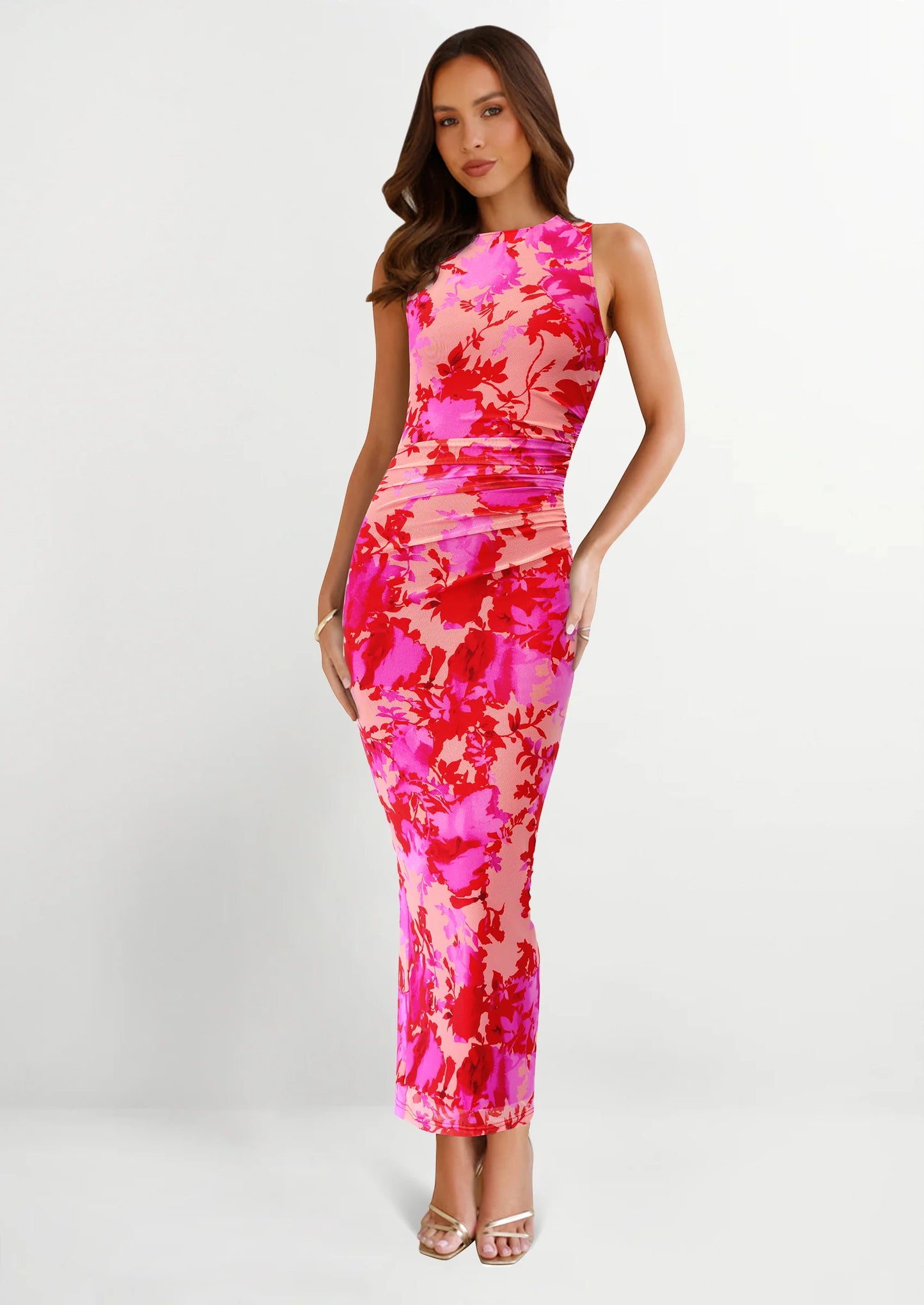 Wedding Guest Dresses for Women Spring Floral Bodycon Sleeveless Mesh Maxi Long Dress