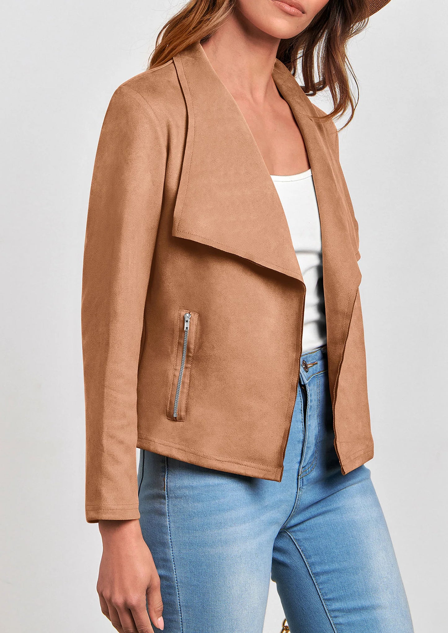 Women's Faux Suede Jackets Fashion Fall Clothes Long Sleeve Open Front Cropped Coat Outwear
