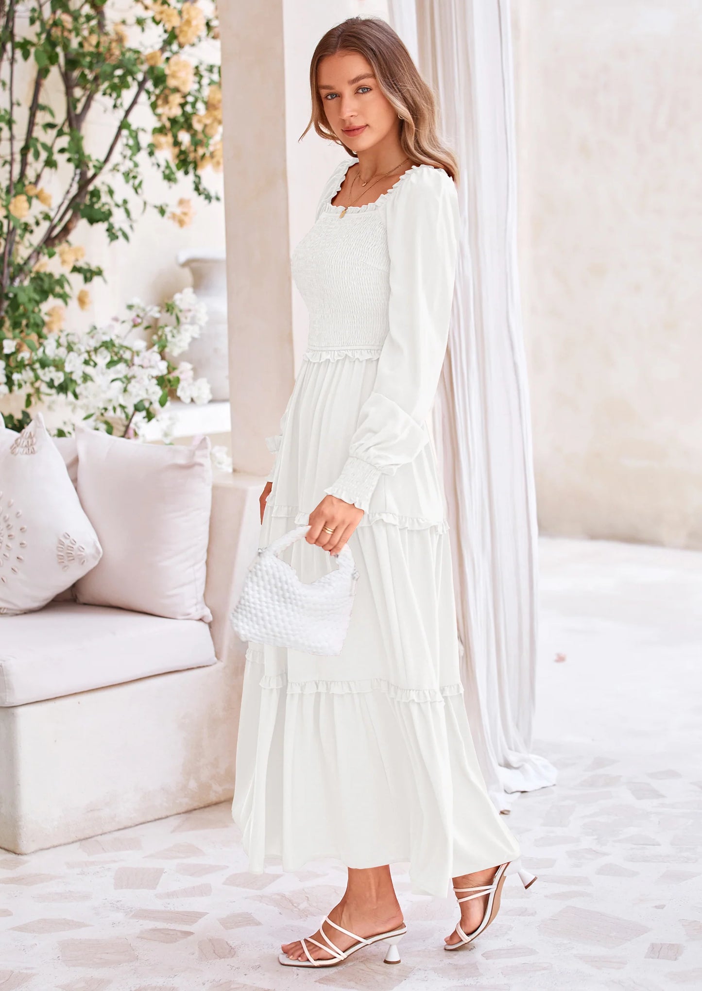 Fall Wedding Guest Dresses for Women Long Sleeve Square Neck Tiered A Line Modest Elegant Flowy Dresses
