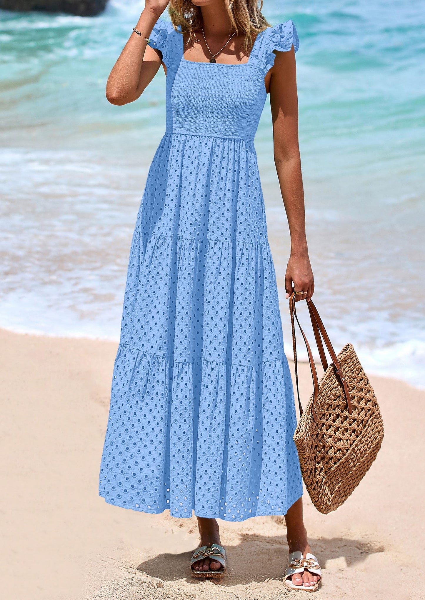 Womens Square Neck Maxi Dresses Cap Sleeve Eyelet Smocked Tiered A Line Flowy Long Dress with Pockets