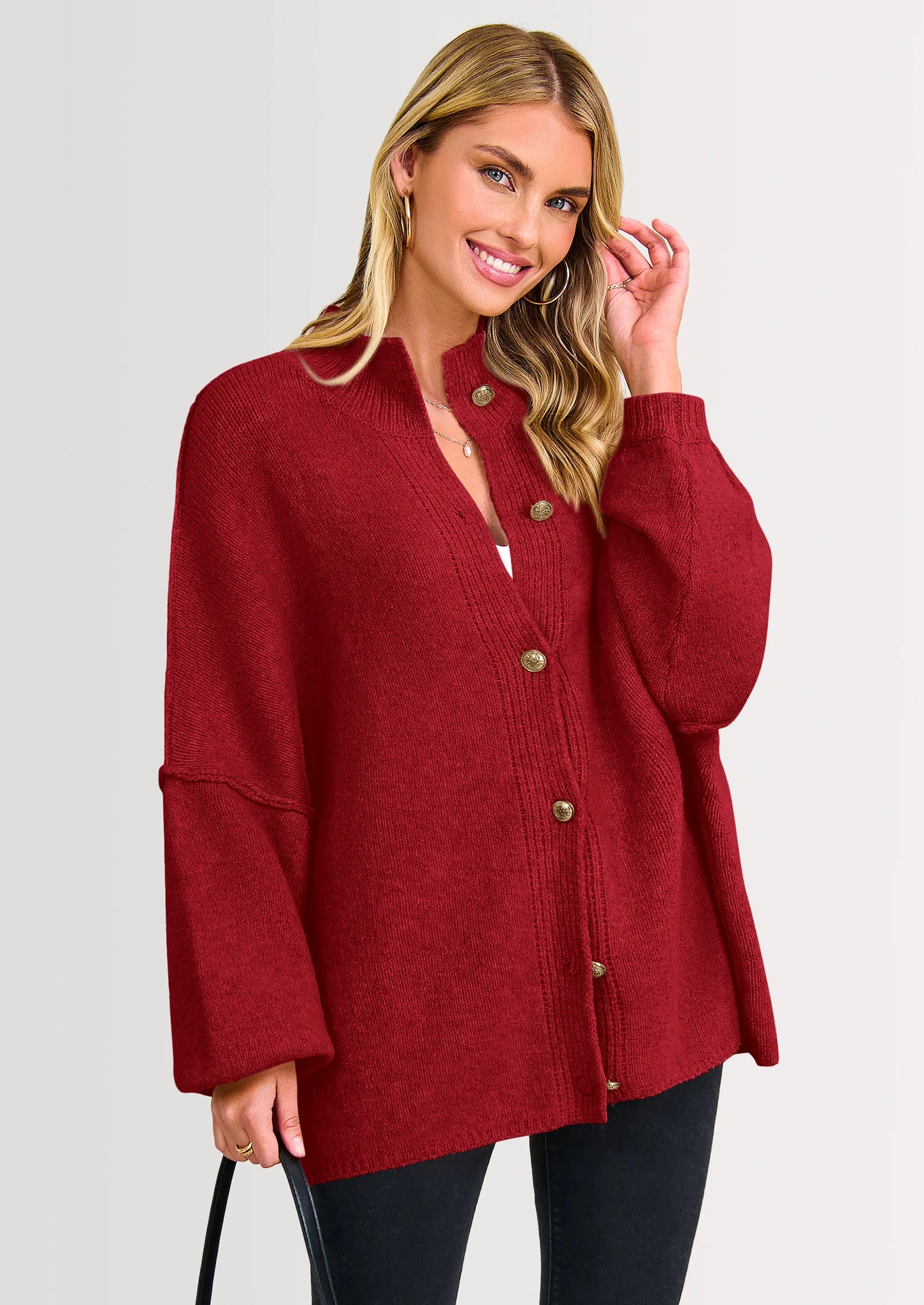 Women's Winter Button Down Cardigan Sweaters Mock Neck Lantern Long Sleeve Chunky Knit Jacket Trendy Outerwear