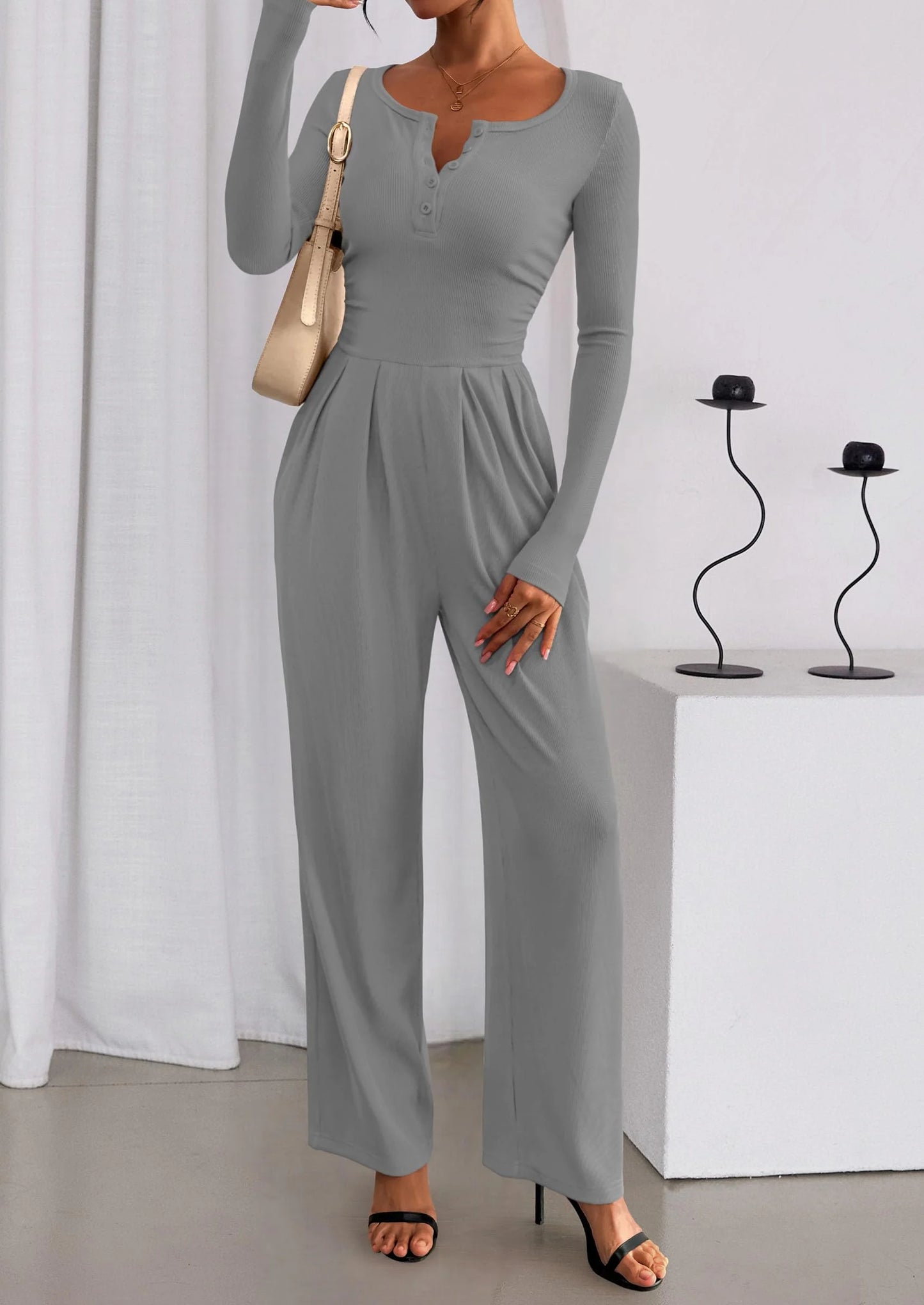 Jumpsuits for Women Dressy Casual Fall One Piece Outfits Long Sleeve Crew Neck Wide Leg Pants Rompers