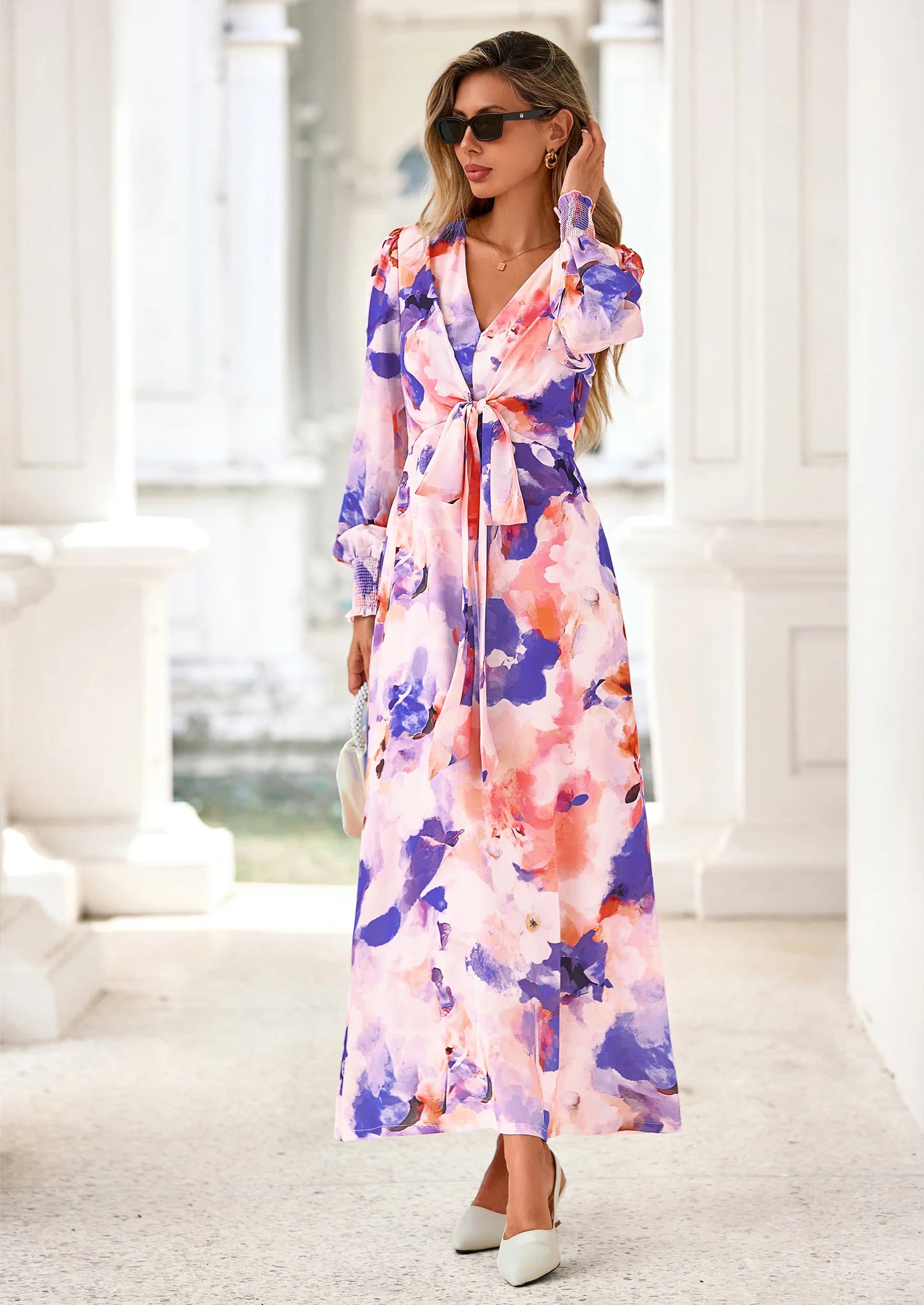 Women's Fall Boho Maxi Dress Floral Long Sleeve V Neck Flowy Belted Elegant Holiday Party Dresses