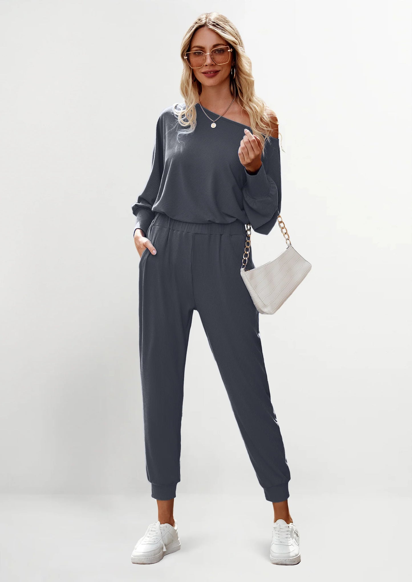 Women's 2 Piece Ribbed Tracksuit Outfits Off Shoulder Long Sleeve Pullover Lounge Pants with Pockets