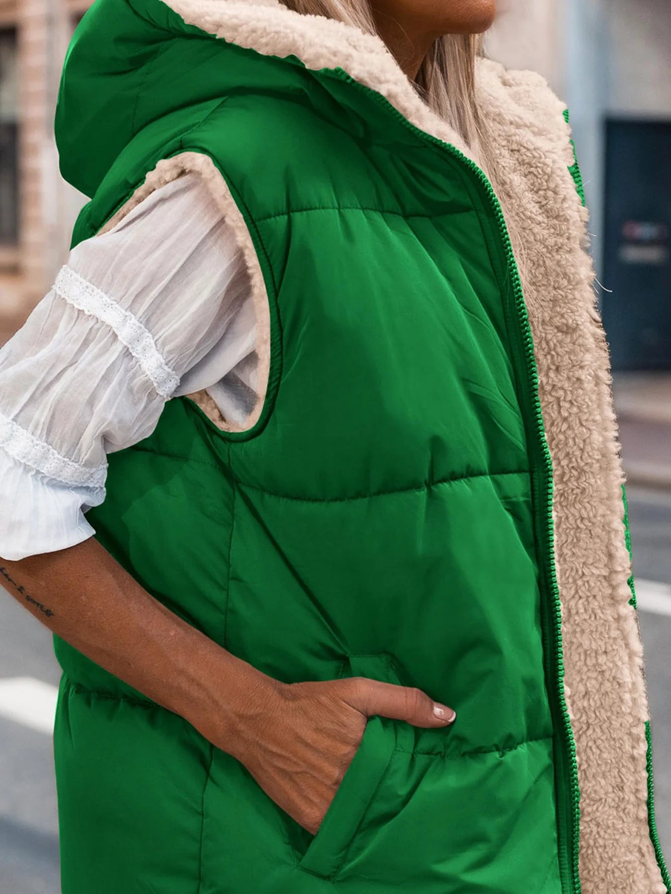 Womens Fall Reversible Vests Sleeveless Fleece Jacket Zip Up Hoodie Pockets Long Warm Winter Coat Outerwear