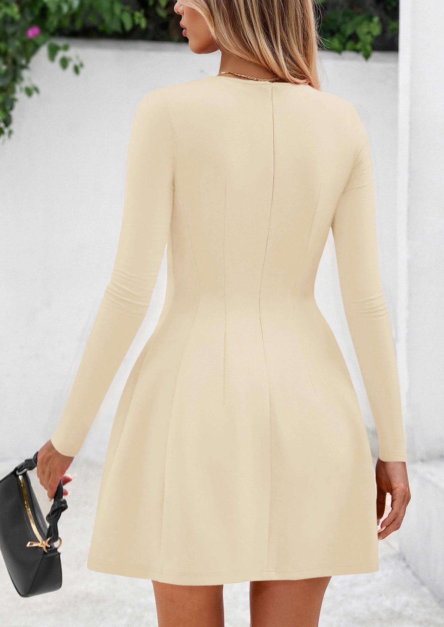 Long Sleeve Mini Dress for Women Fall Crewneck Knit Pleated Babydoll A Line Soft Casual Short Party Dresses