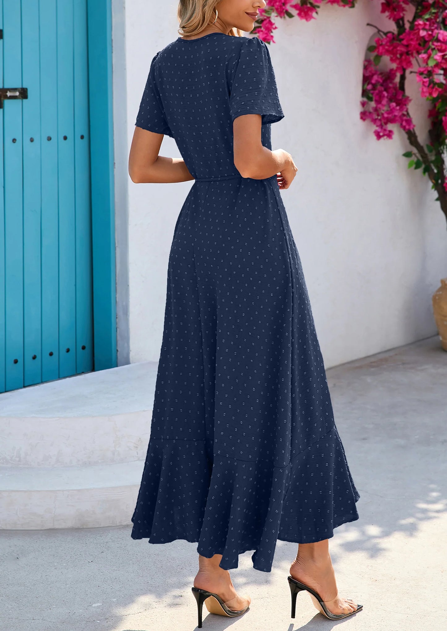 Women's Summer Maxi Dress Casual Wrap Floral Boho Short Sleeve V Neck Split Ruffle Beach Long Dresses