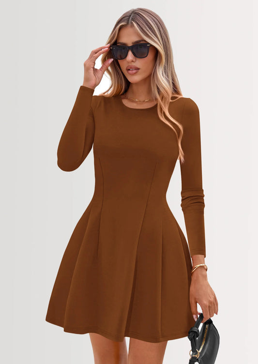 Long Sleeve Mini Dress for Women Fall Crewneck Knit Pleated Babydoll A Line Soft Casual Short Party Dresses
