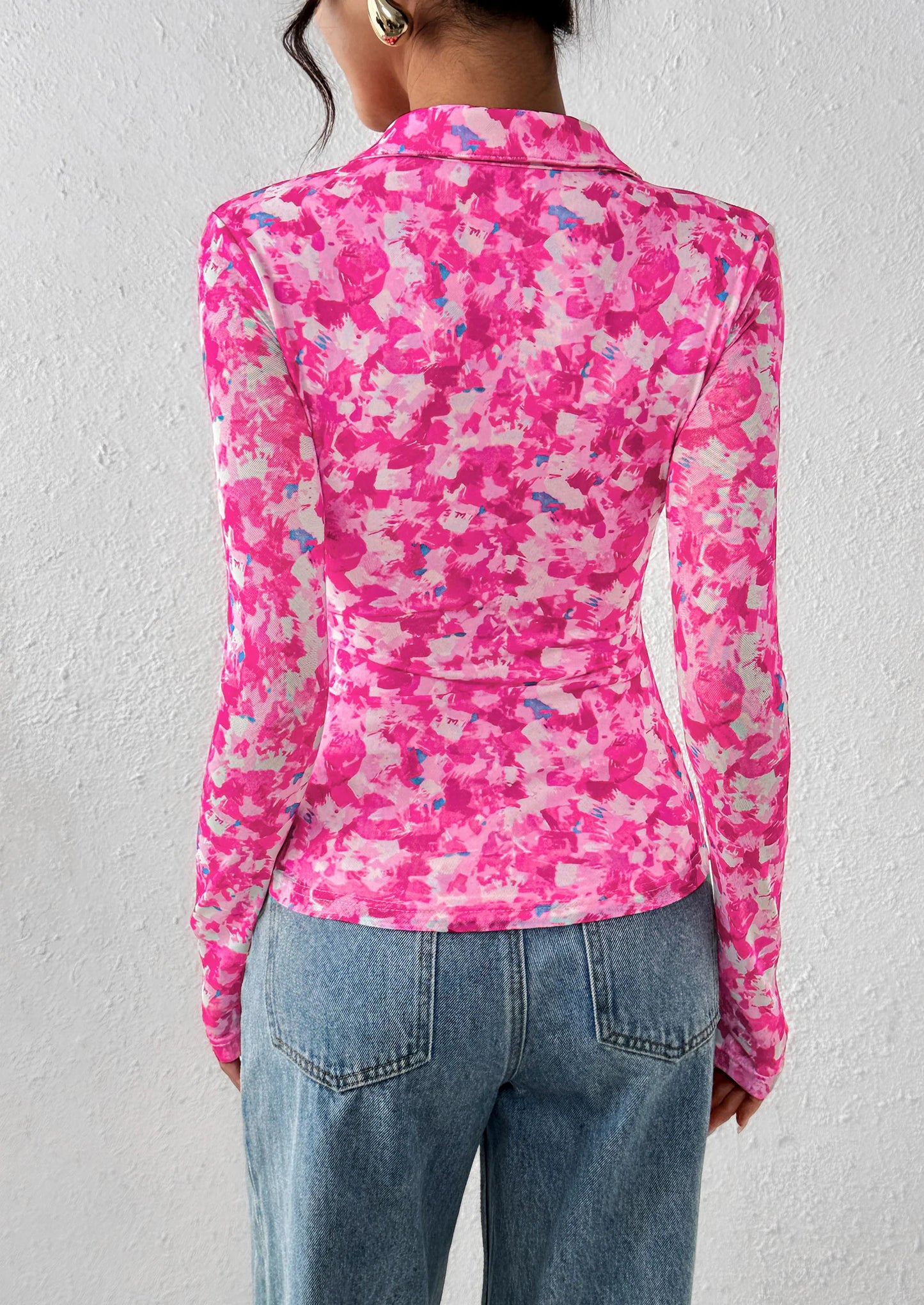 Women Button Down Floral Shirts Fall Trendy Long Sleeve V Neck Ruched Fitted Mesh Blouse Tops Date Outfits